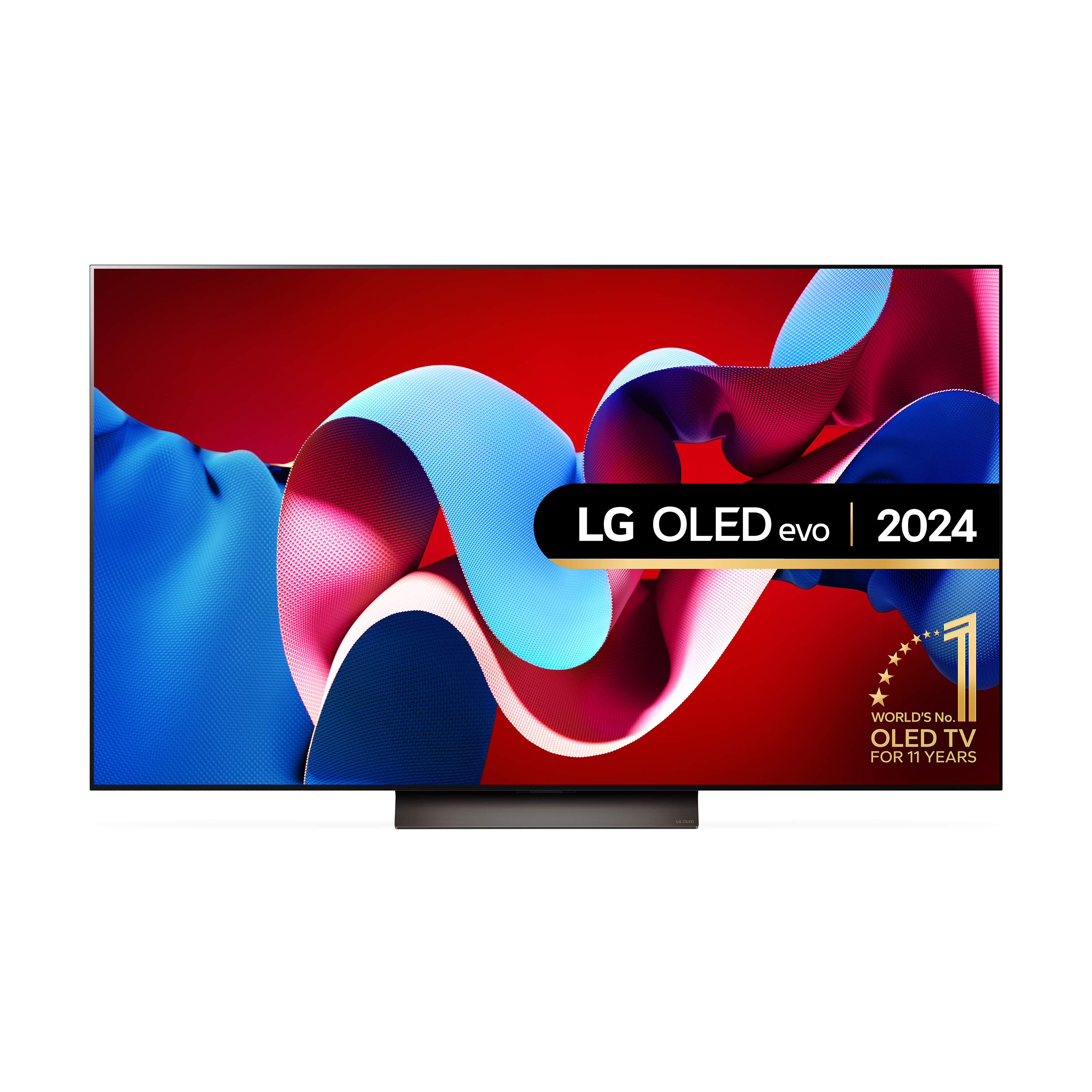 Un televisor LG OLED evo muestra un diseño abstracto vibrante en un esquema de color rojo y azul.