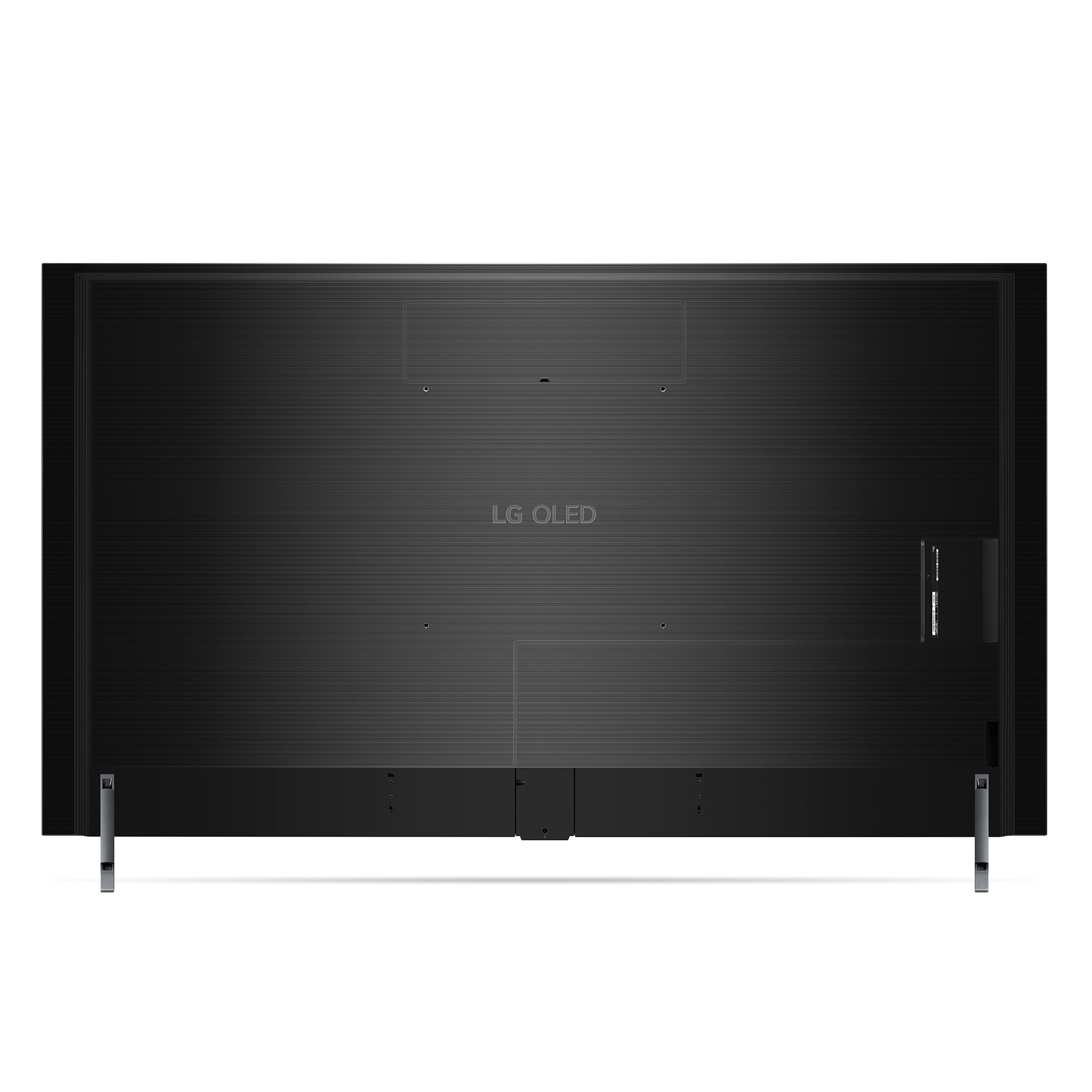 Die Rückseite eines schwarzen LG OLED TVs mit silbernen Füßen.