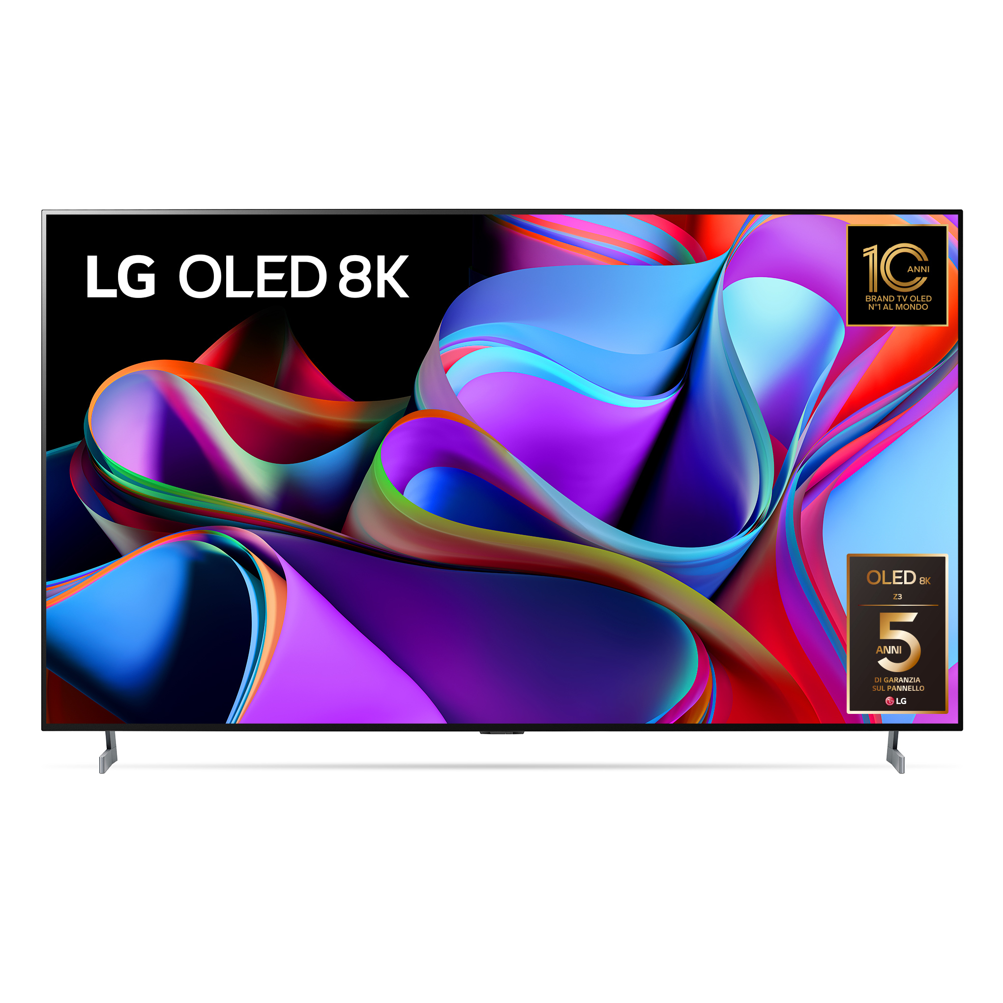 LG OLED 8K TV mit lebendiger Anzeige. Es hat ein goldenes Garantie-Logo in der Ecke.