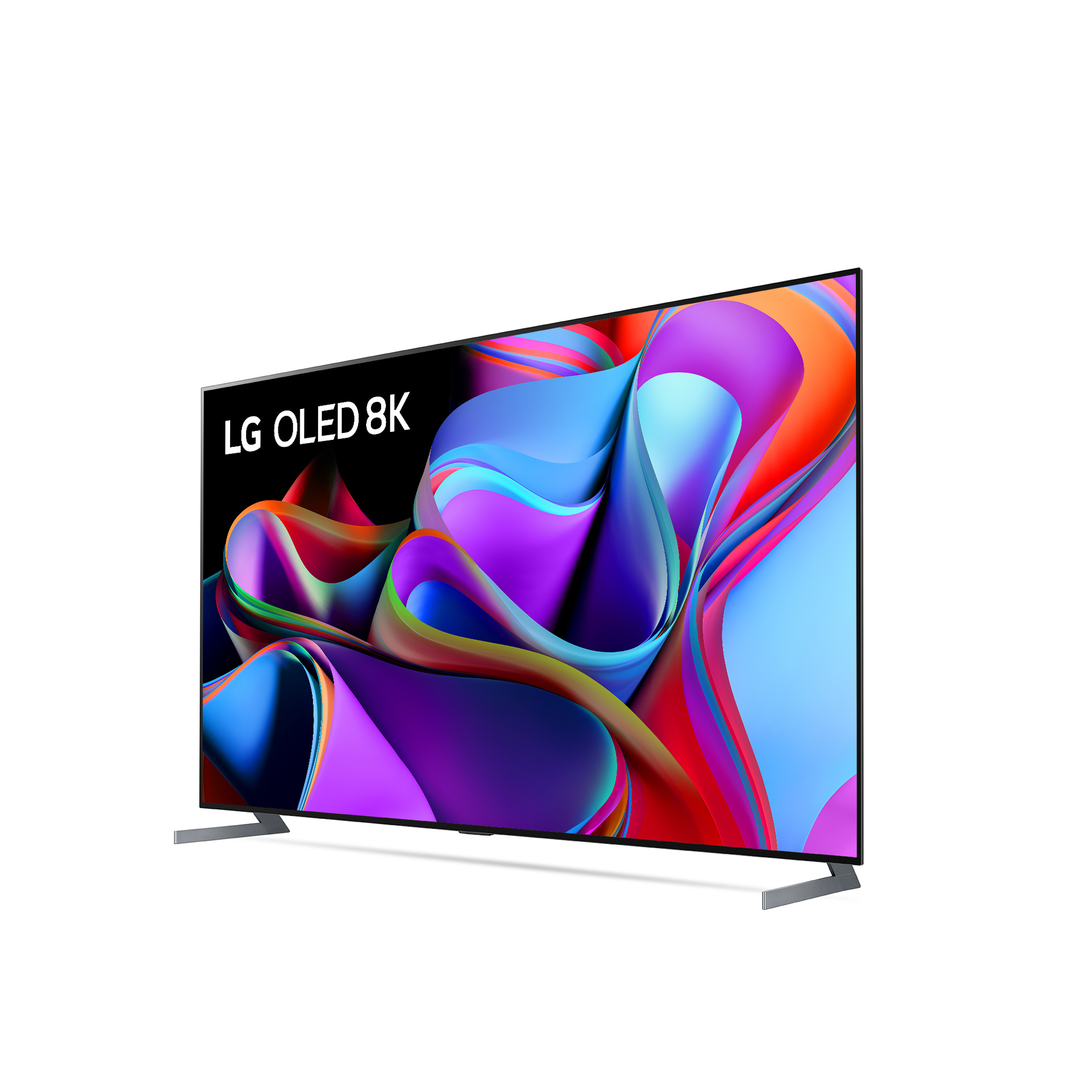 LG OLED 8K Fernseher. Der Bildschirm zeigt ein lebendiges abstraktes Kunstwerk. Schwarzer Rahmen, silberne Beine.