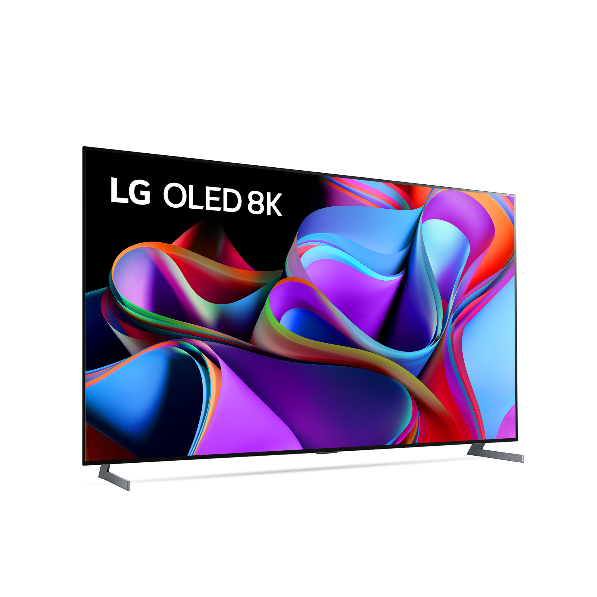LG OLED 8K Fernseher. Bunte abstrakte Kunst wird angezeigt. Schwarzer Rahmen, silberne Beine.