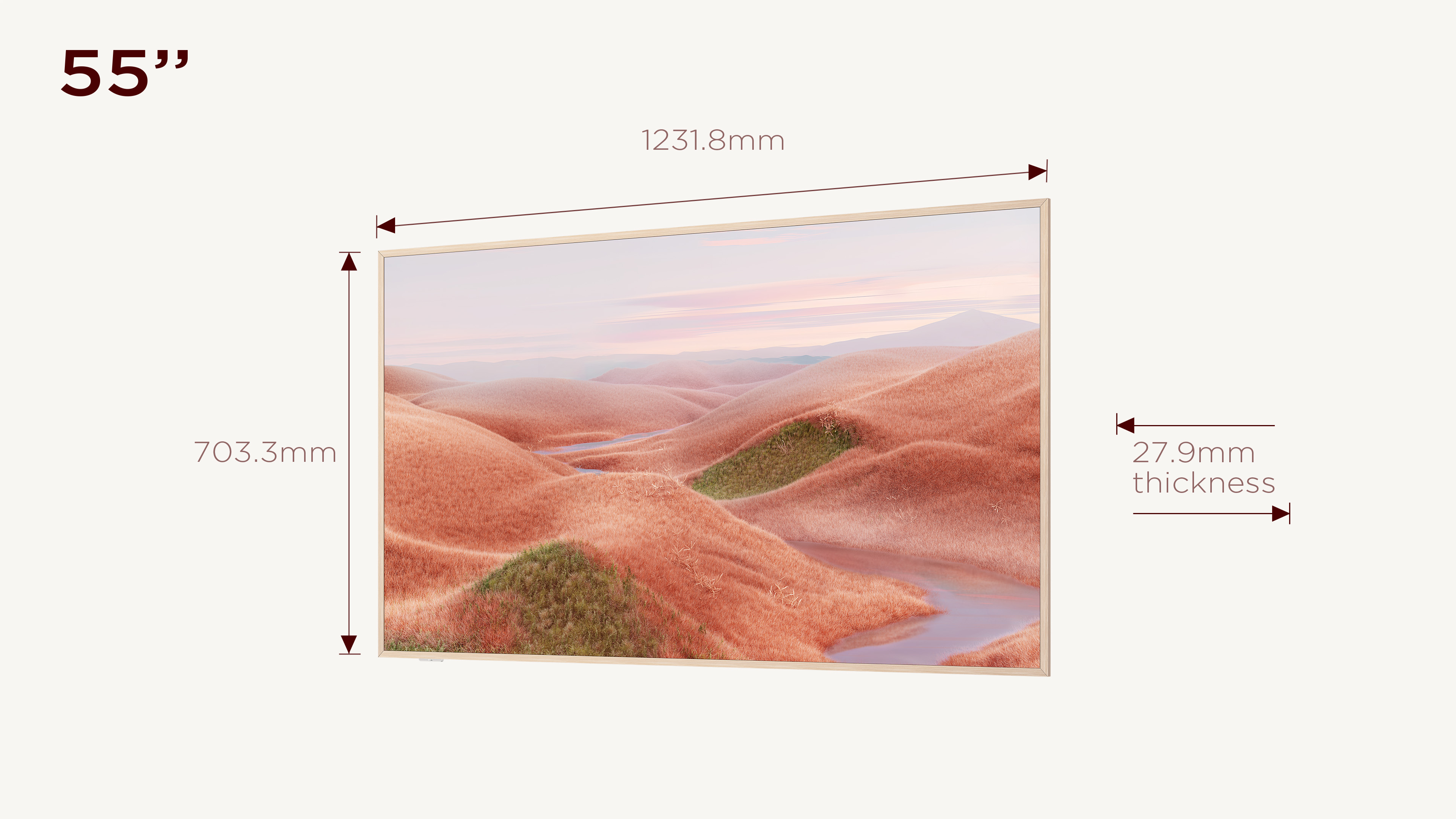Una pantalla de TV muestra un paisaje con colinas rosas y un río. Se muestran las dimensiones del tamaño.