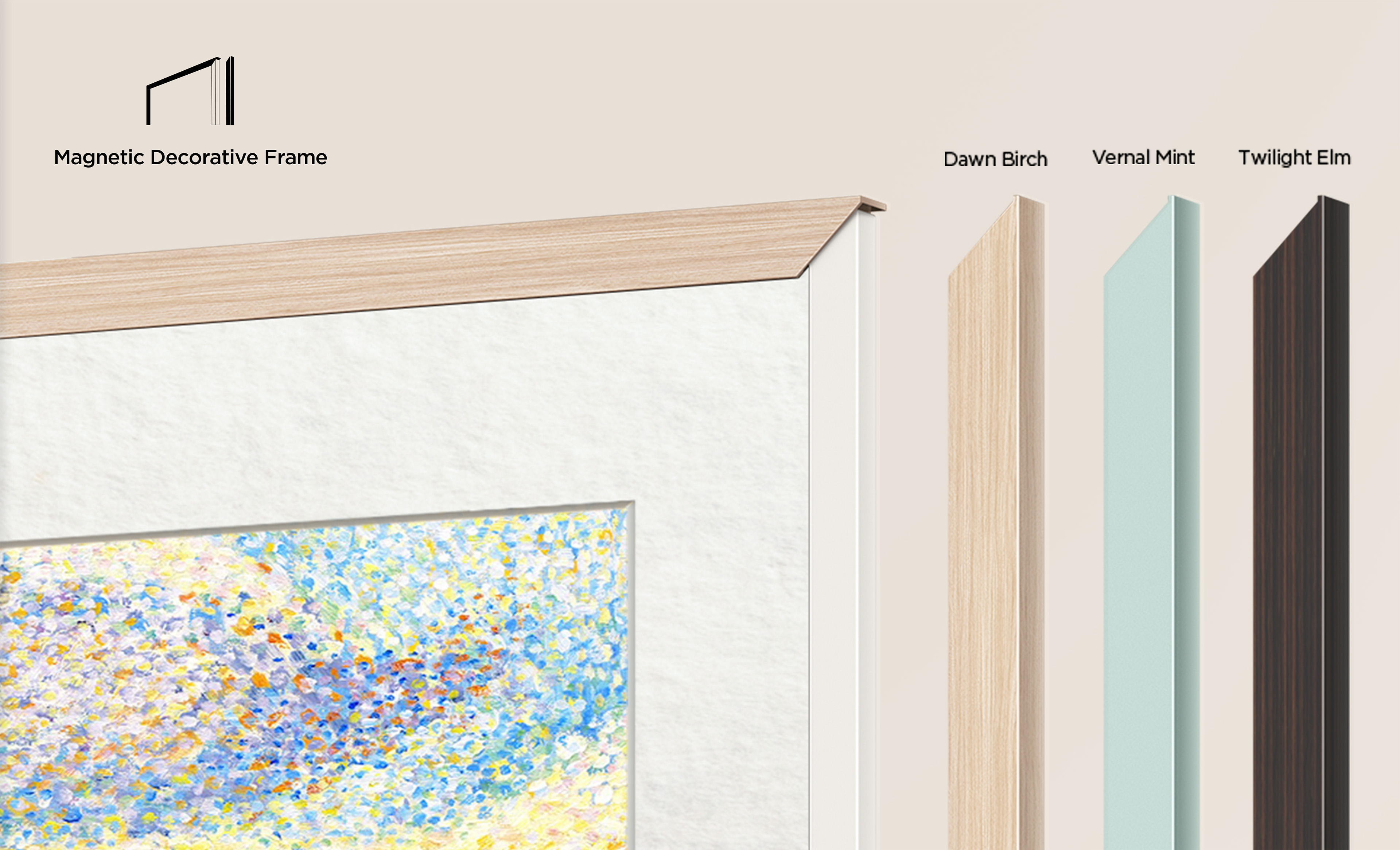 Zbliżenie opcji dekoracyjnych ramek. Drewno, jasnoniebieski i ciemnobrązowy.