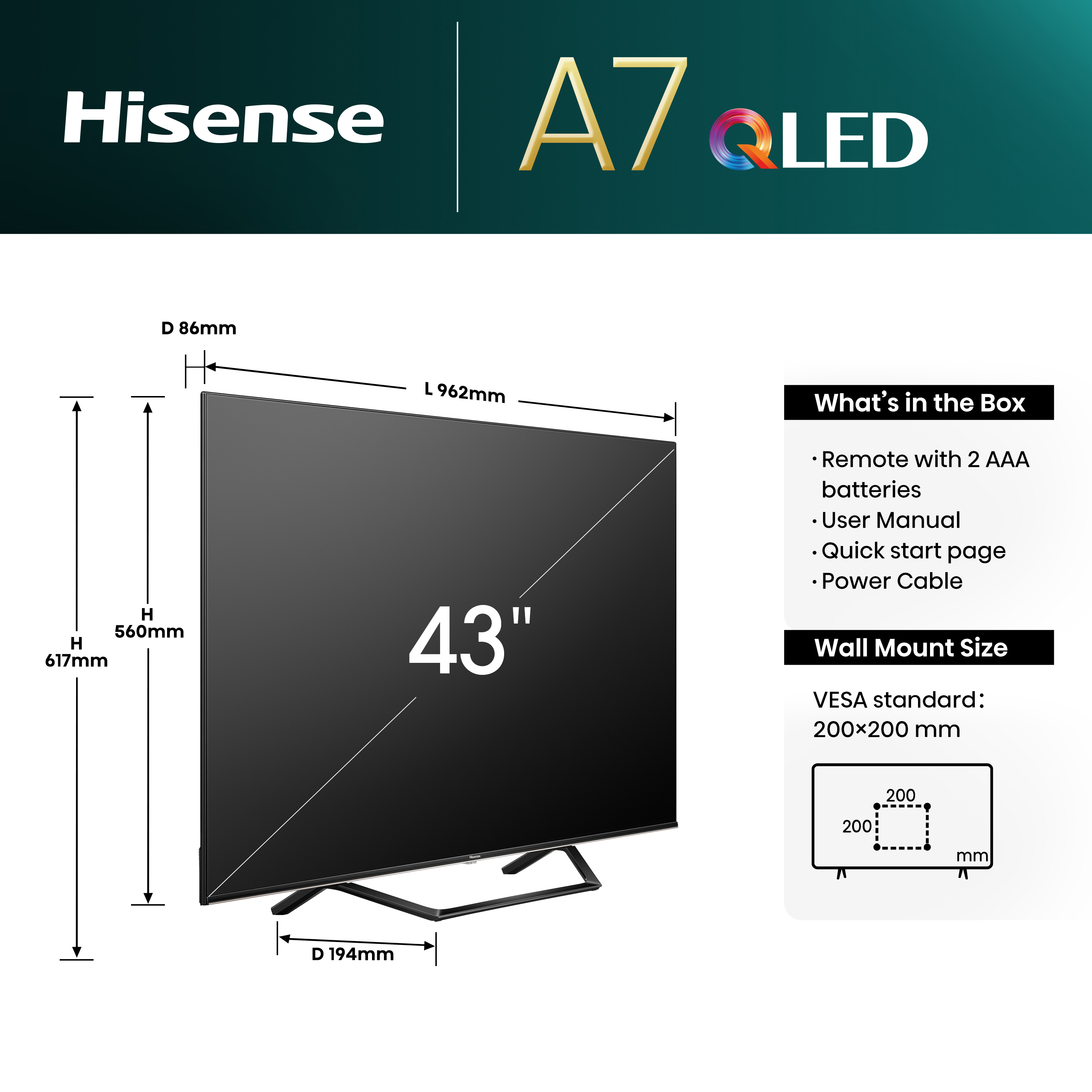 Televisor Hisense mostrando especificaciones y dimensiones.