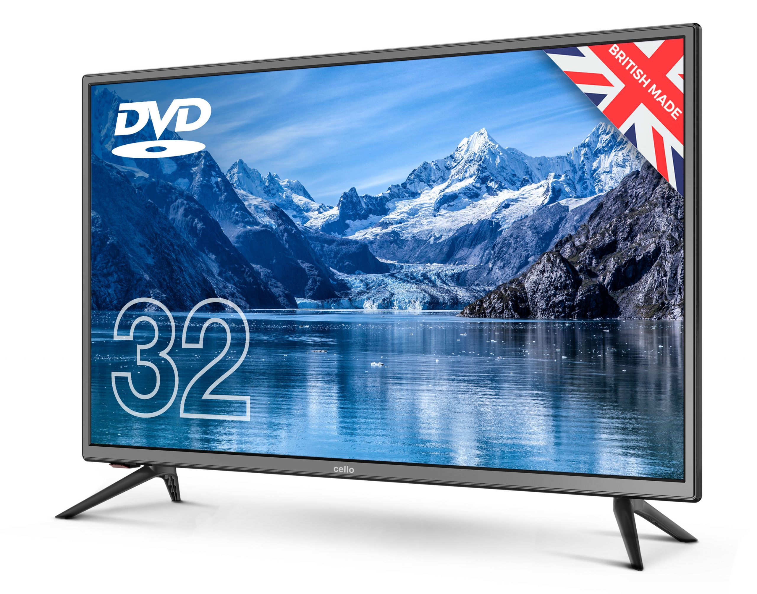 32-Zoll-Cello-TV, zeigt eine See- und Berglandschaft, mit British Made-Etikett.