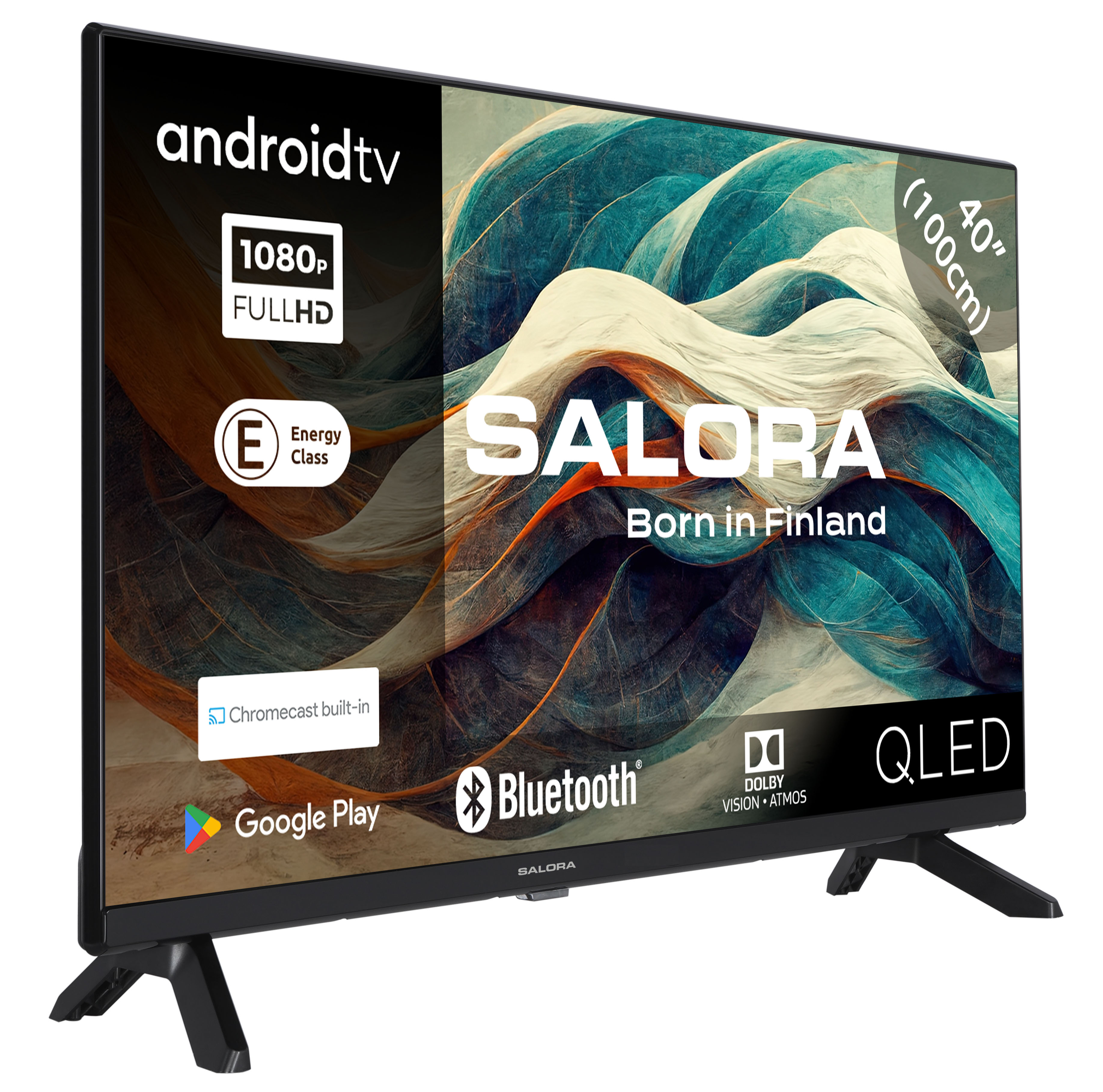 TV Salora avec Android, 1080p et QLED, cadre noir.