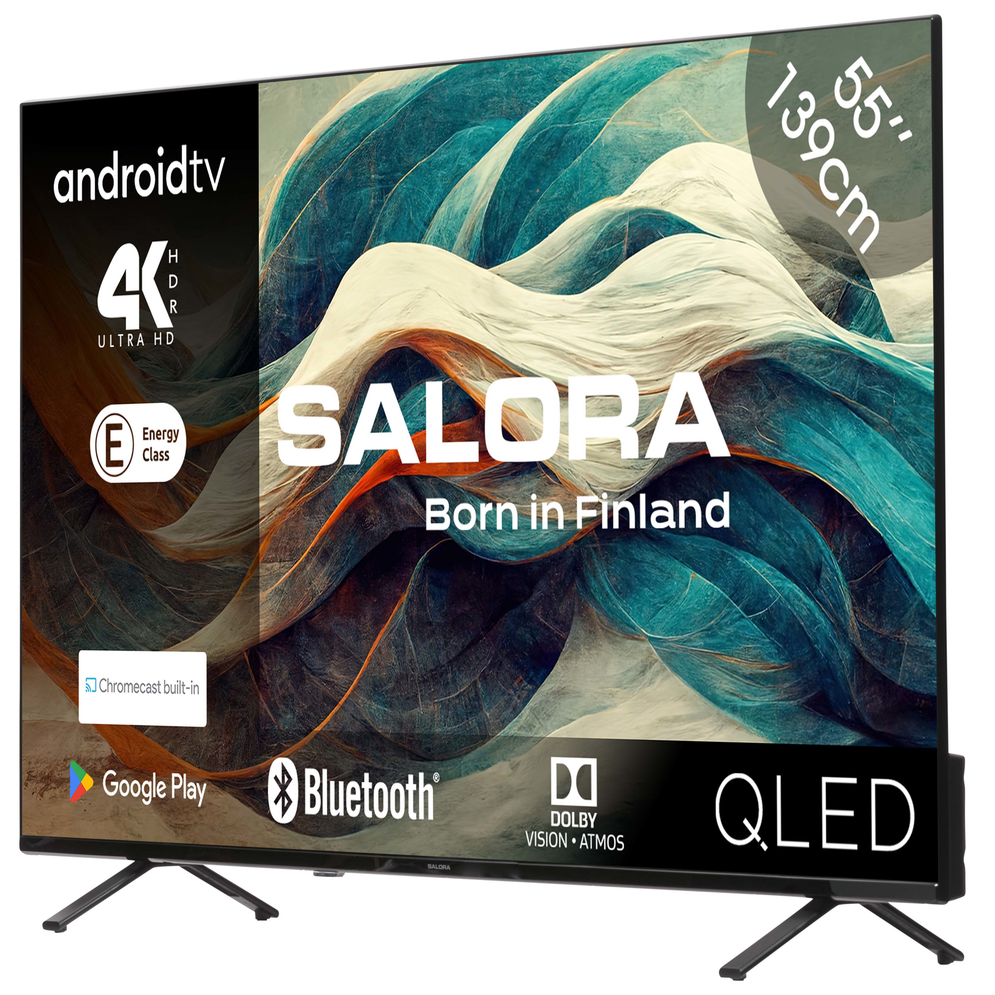 Un televisore SALORA nero ha uno sfondo colorato e astratto. Ha androidtv e funzioni QLED.