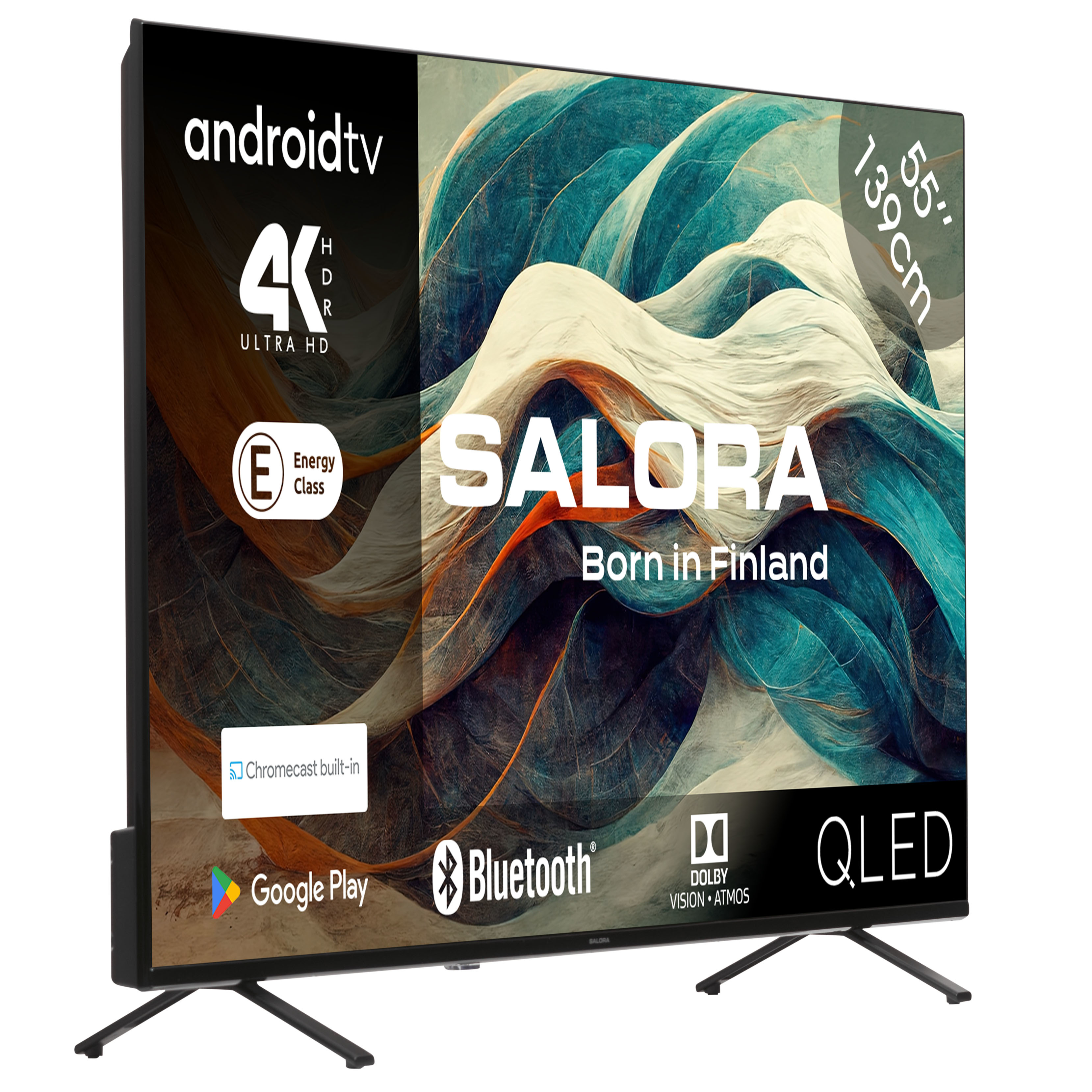 TV QLED con marchio 'SALORA'. Con 'Android TV', 'Bluetooth' e 'Dolby Vision'.