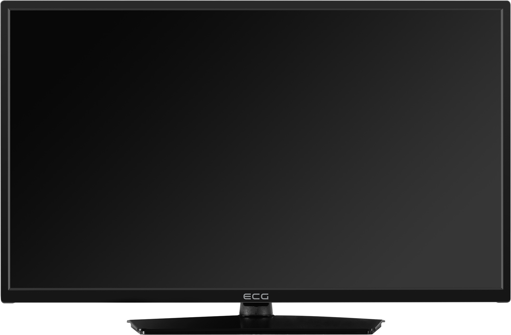 Czarny ekran telewizora ECG, widok z przodu, pokazujący prosty czarny wyświetlacz.