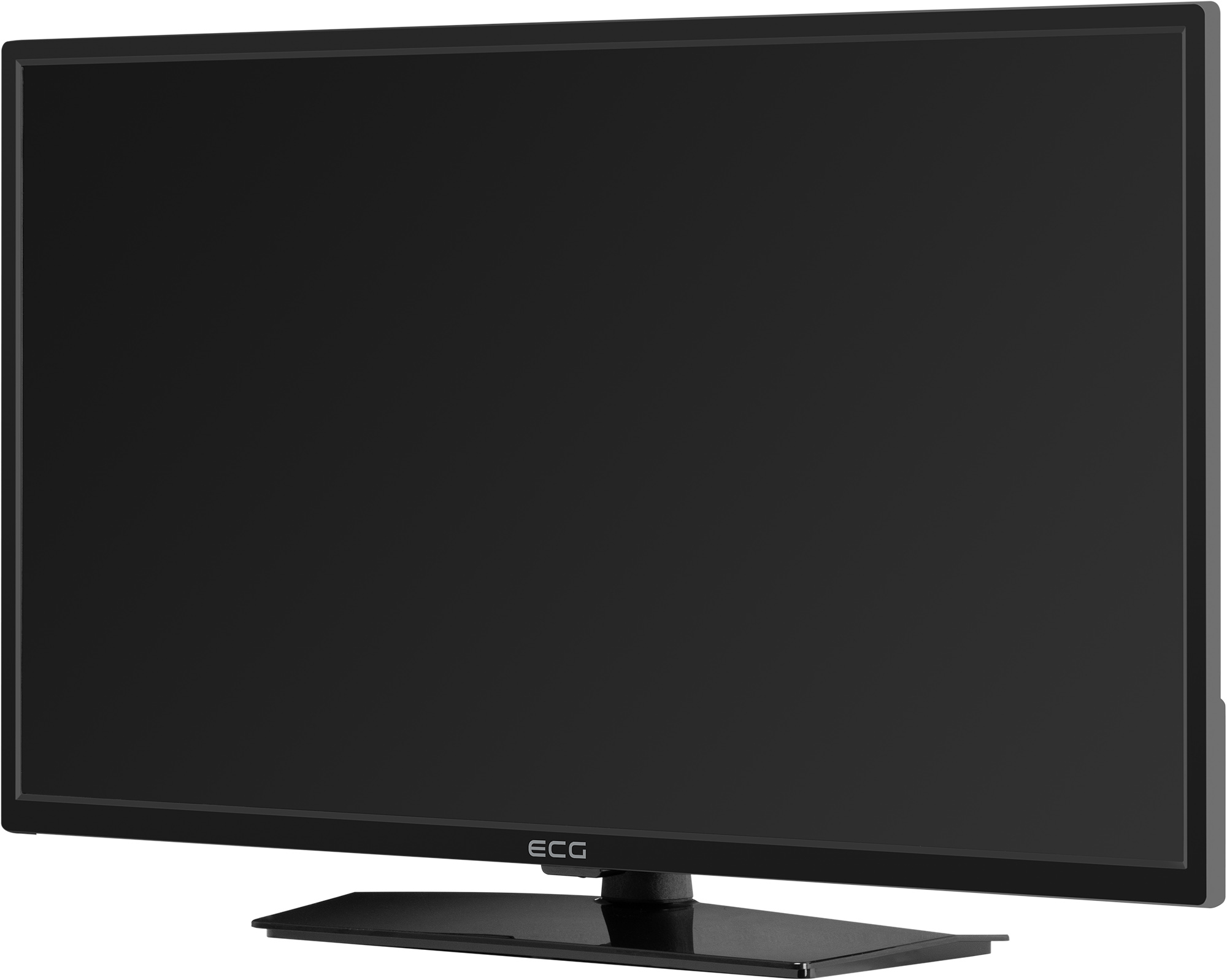 Czarny telewizor ECG o prostym designie, na czarnym stojaku, na białym tle.