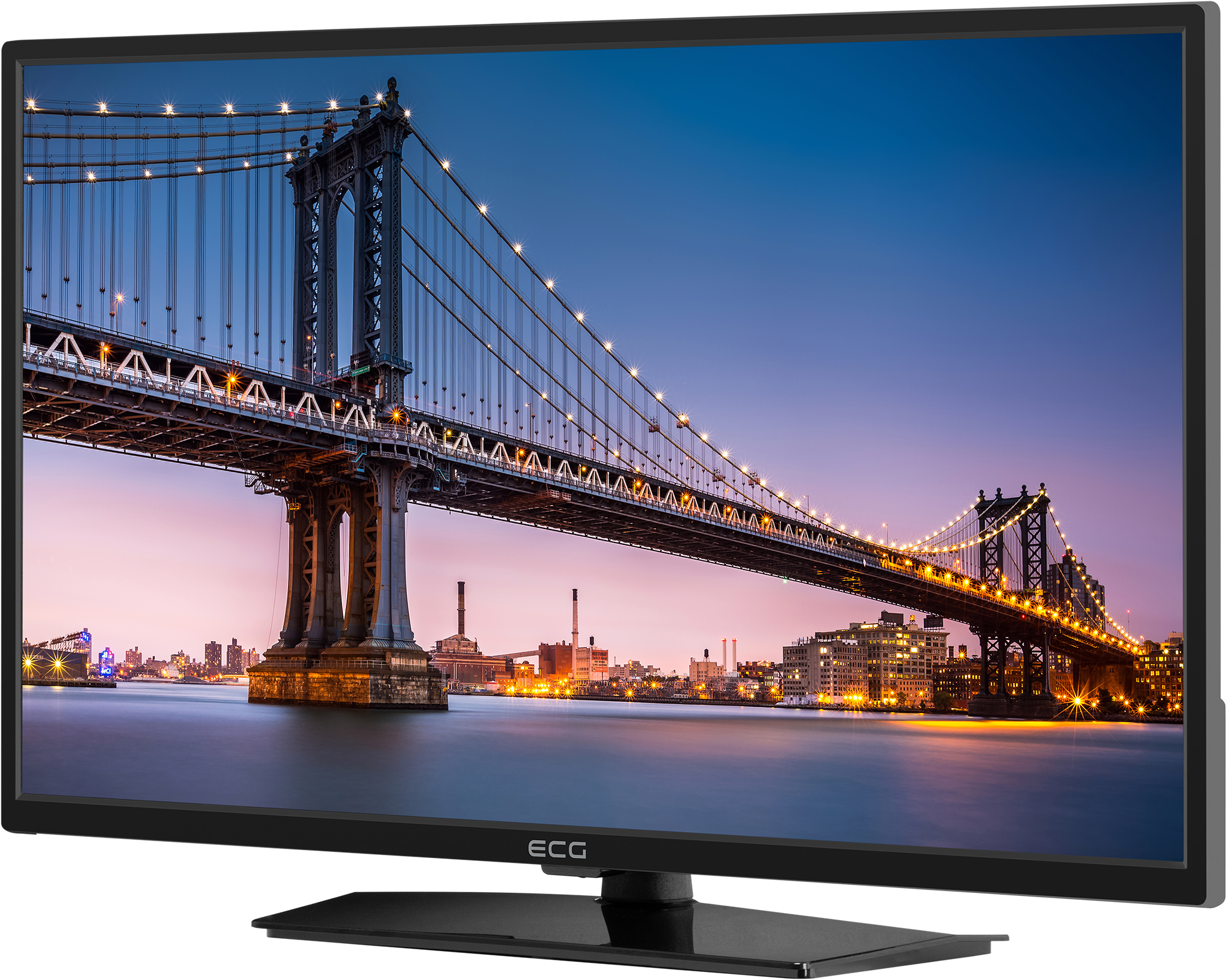 Ekran telewizora przedstawiający malowniczy widok mostu nad rzeką w mieście o zmierzchu.
