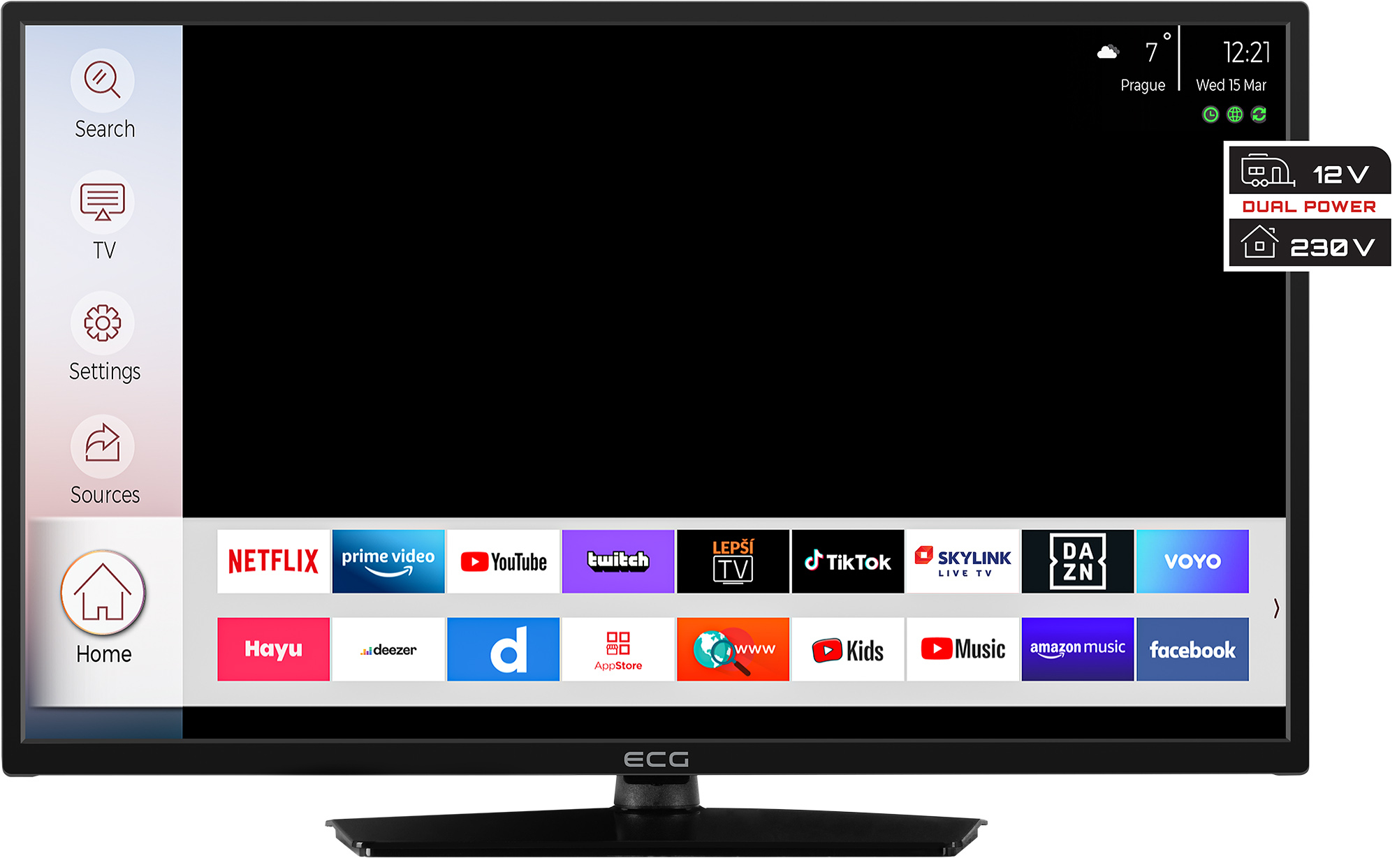 Ekran telewizora z interfejsem użytkownika, wyświetlający menu i aplikacje.