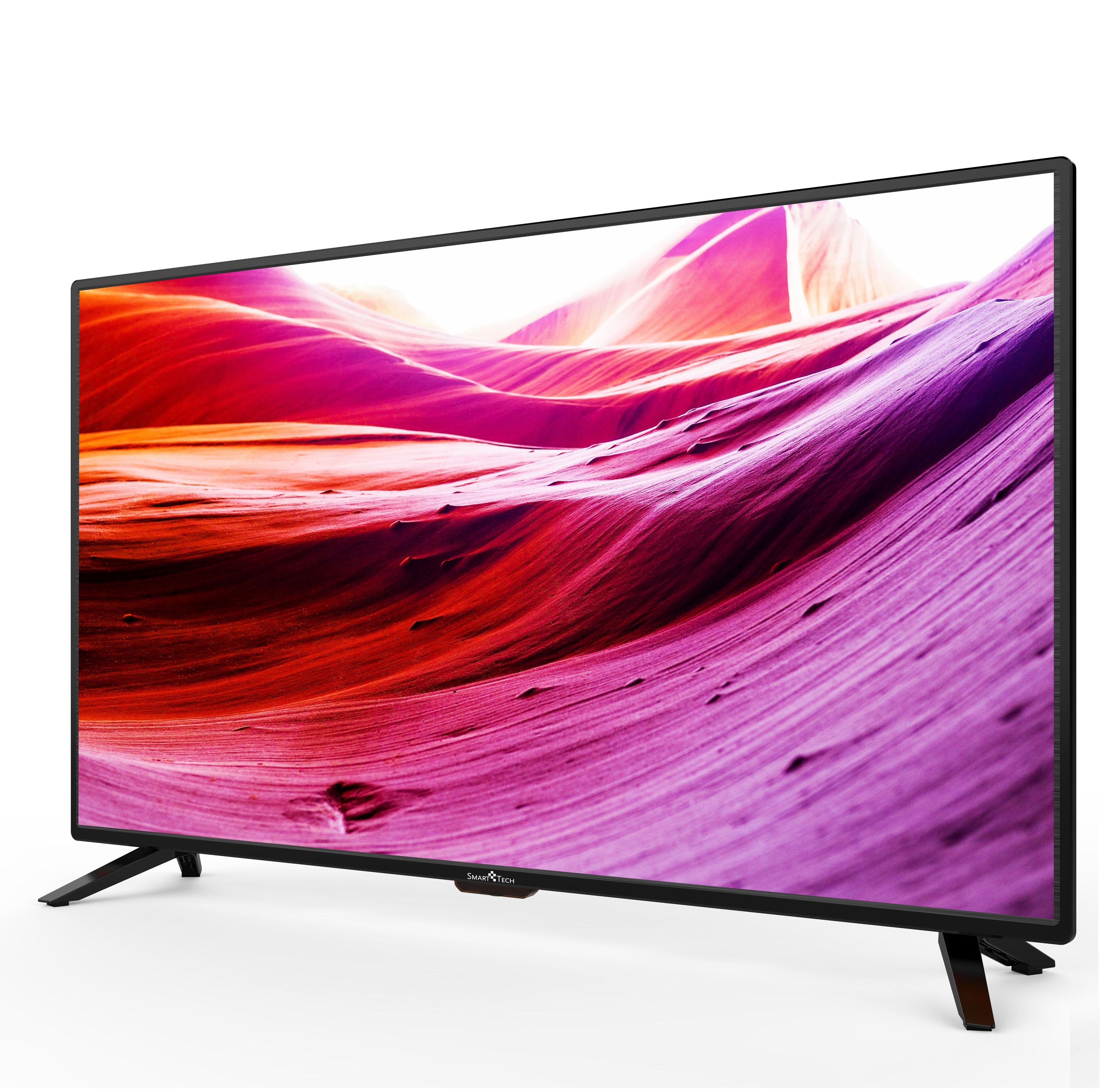 Un televisore Smart Tech mostra un'immagine astratta e colorata di colori rosso e viola che scorrono. Gambe nere.