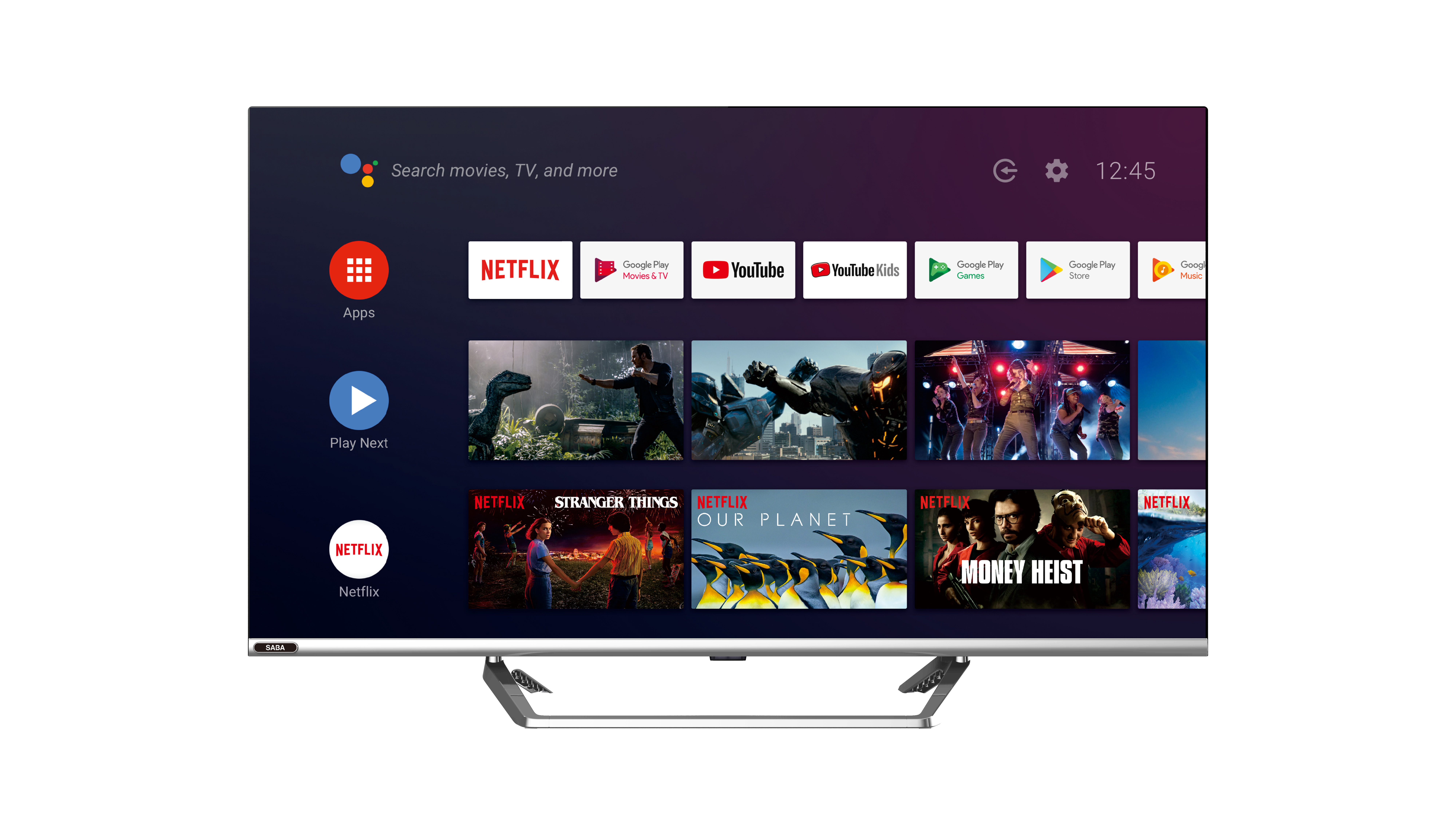 Schermo TV che mostra app come Netflix e Google Play.