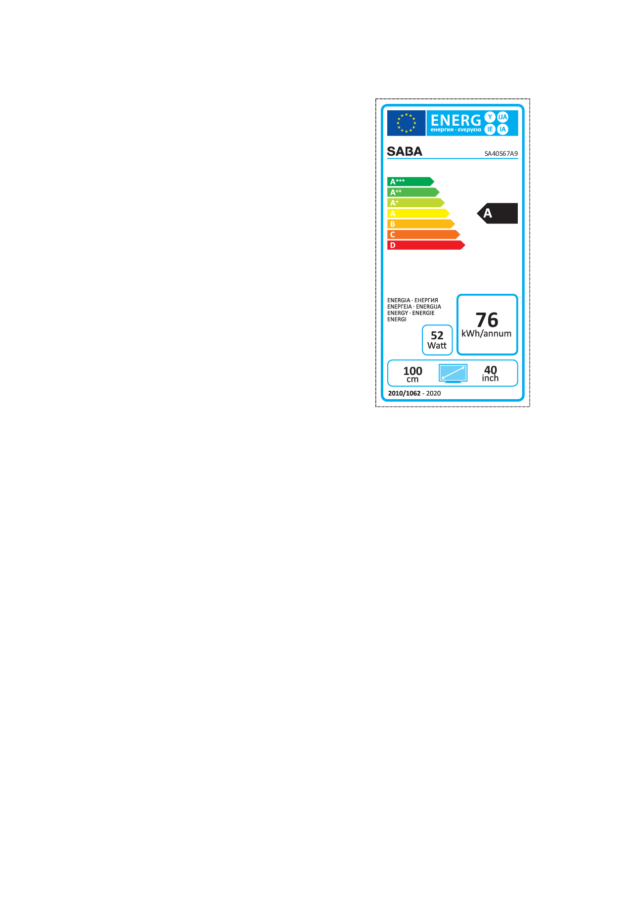 Etichetta energetica per TV SABA. Mostra la classe di efficienza energetica, il consumo energetico e altri dettagli.