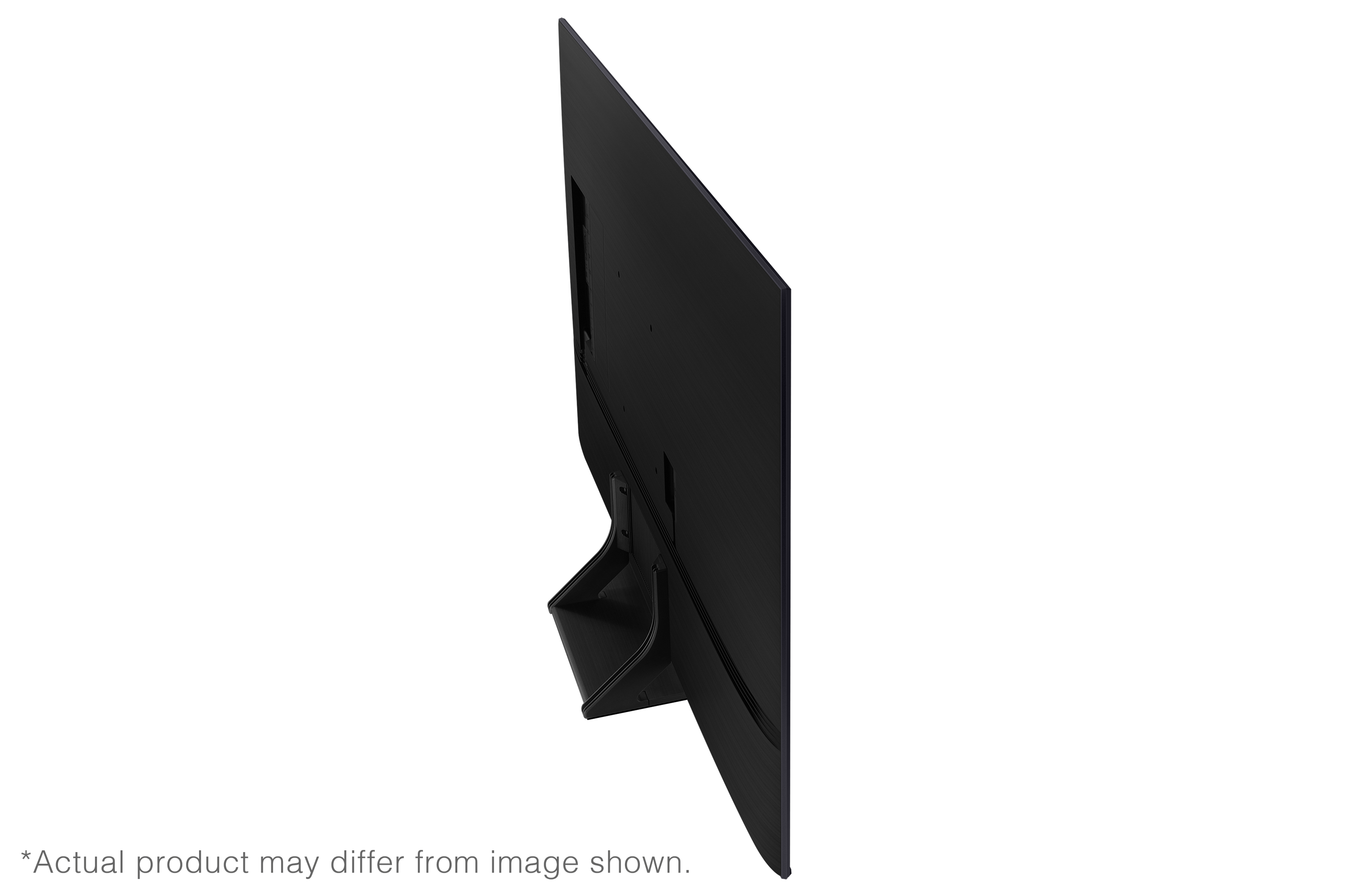 Tył czarnego telewizora ze stojakiem. Design jest elegancki i nowoczesny, na białym tle.