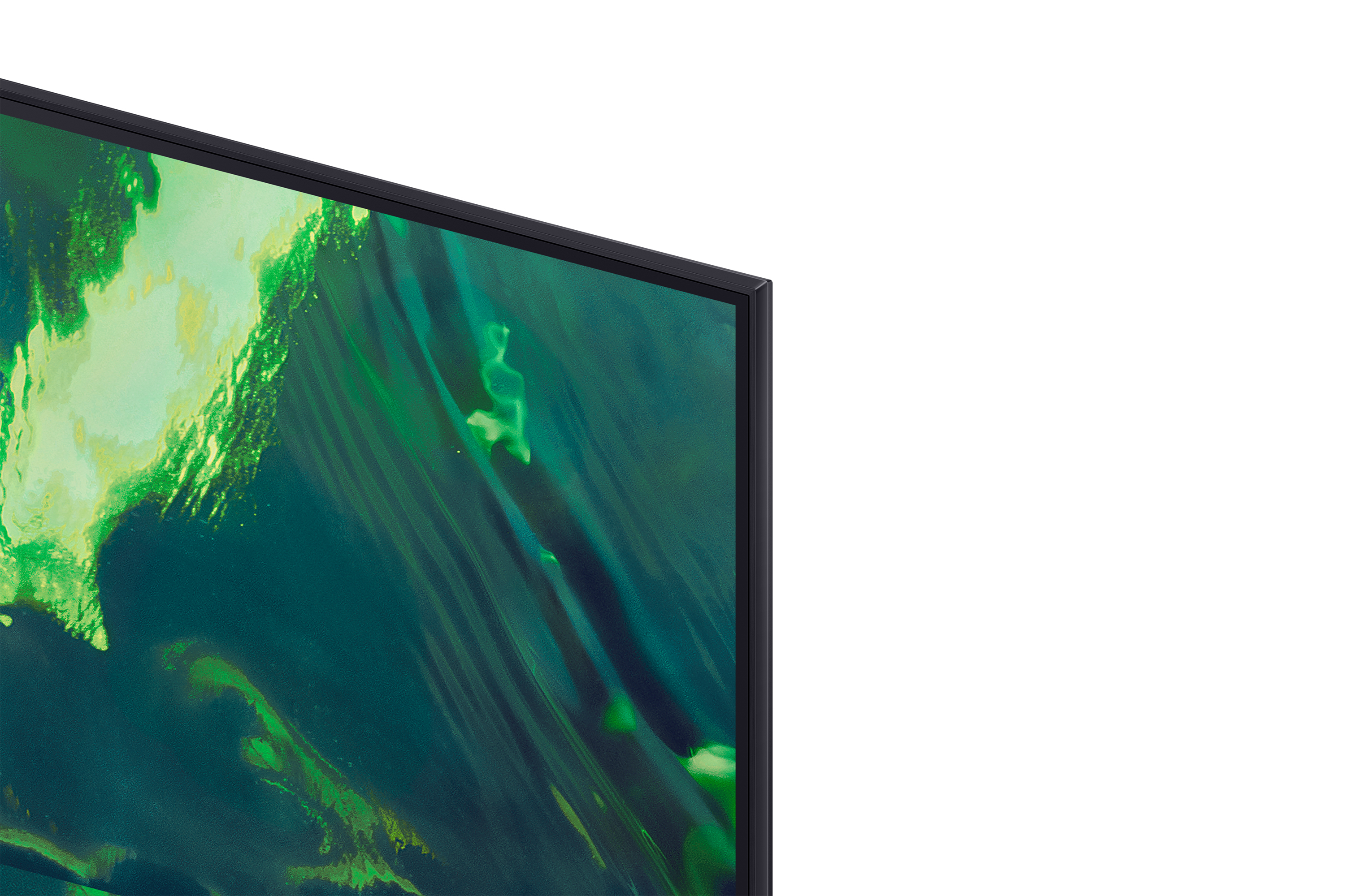 Ecke eines Fernsehers, Nahaufnahme, Anzeige in Grün und Dunkel.
