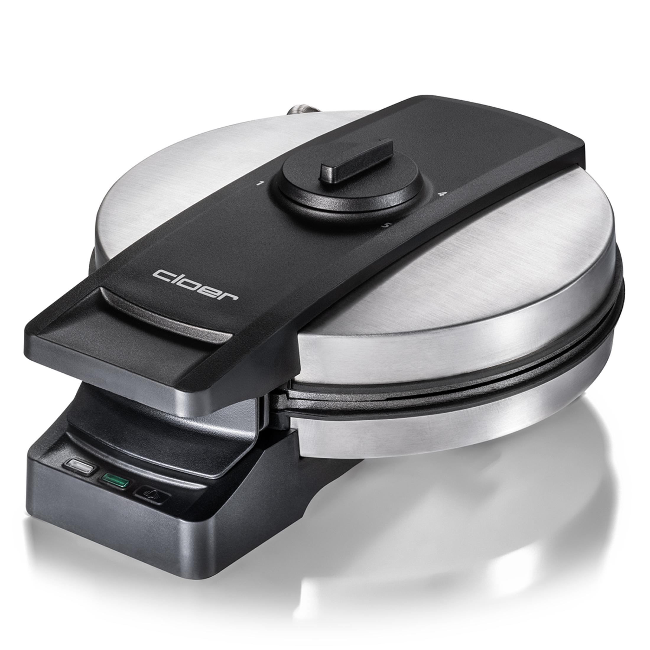 Gofrownica srebrno-czarna, otwarta. Górna część z czarnym uchwytem i pokrętłem.