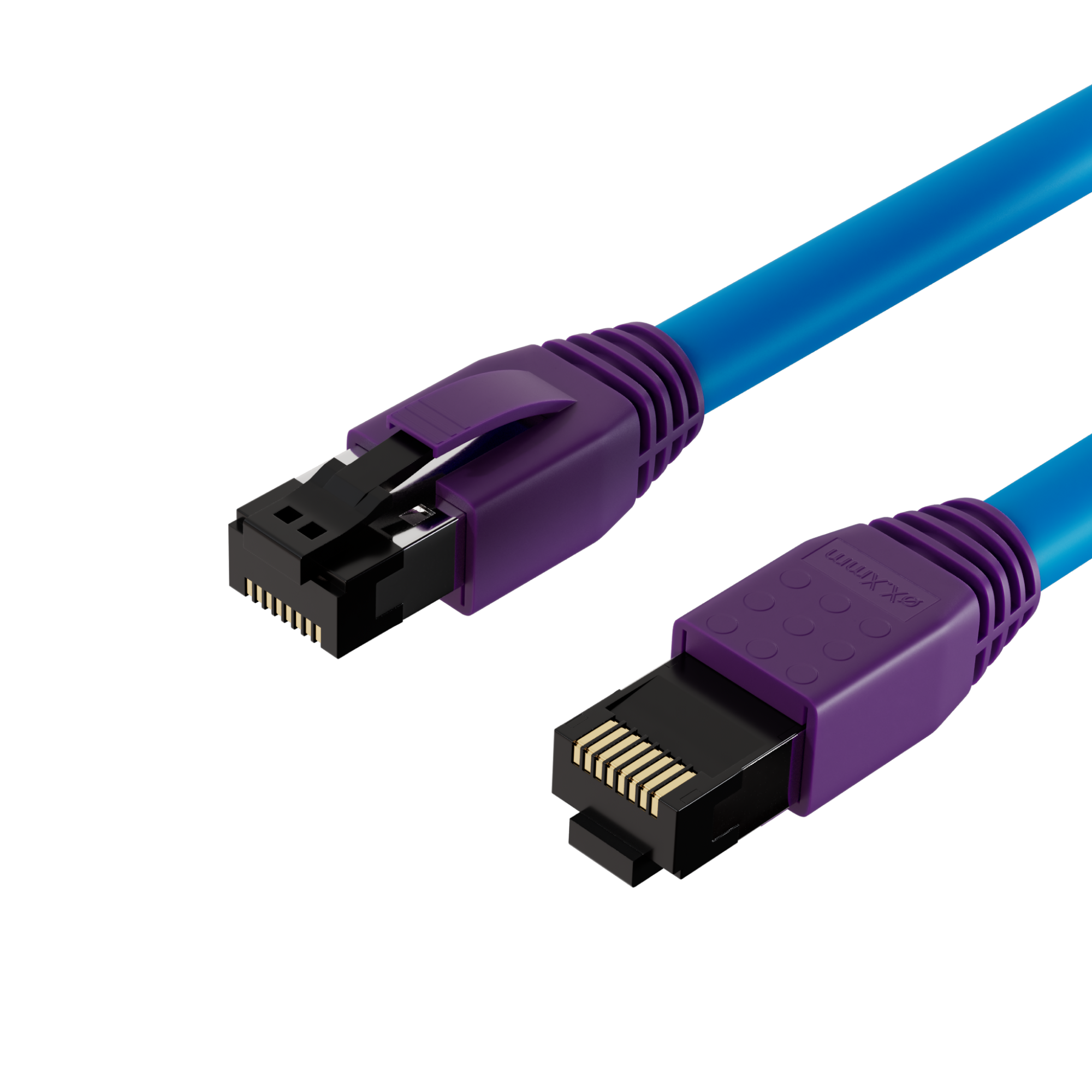 Blaues Netzwerkkabel mit lila Steckern.