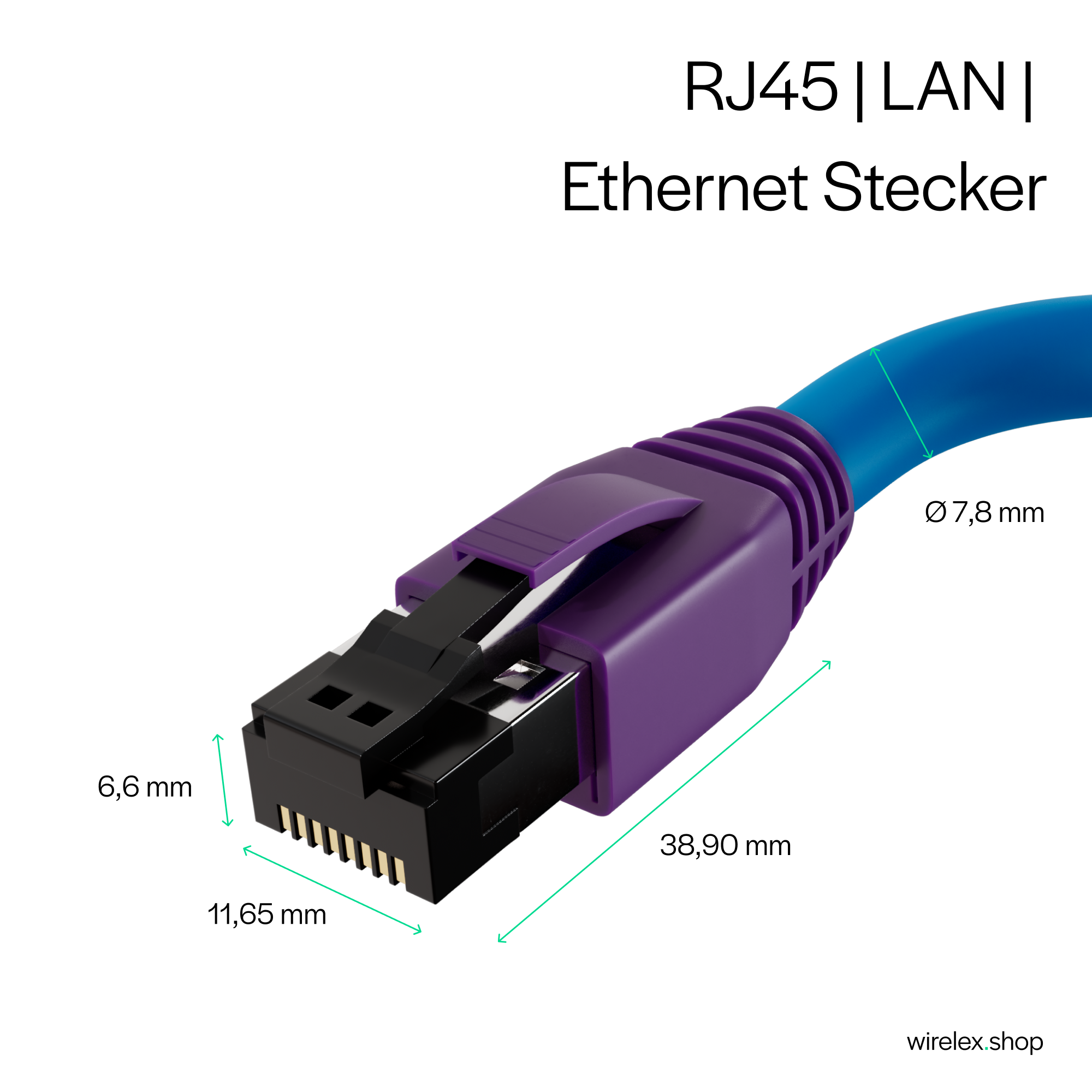Ein RJ45 LAN Ethernet-Stecker, blaues Kabel, lila Stecker. Maße und Text sind auf dem Bild angezeigt.
