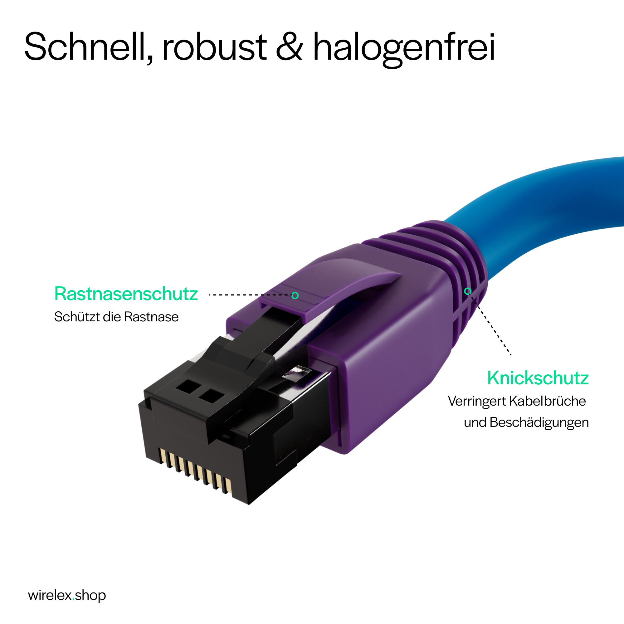 Nahaufnahme eines blauen und violetten Netzwerkkabelanschlusses. Text kennzeichnet Teile.