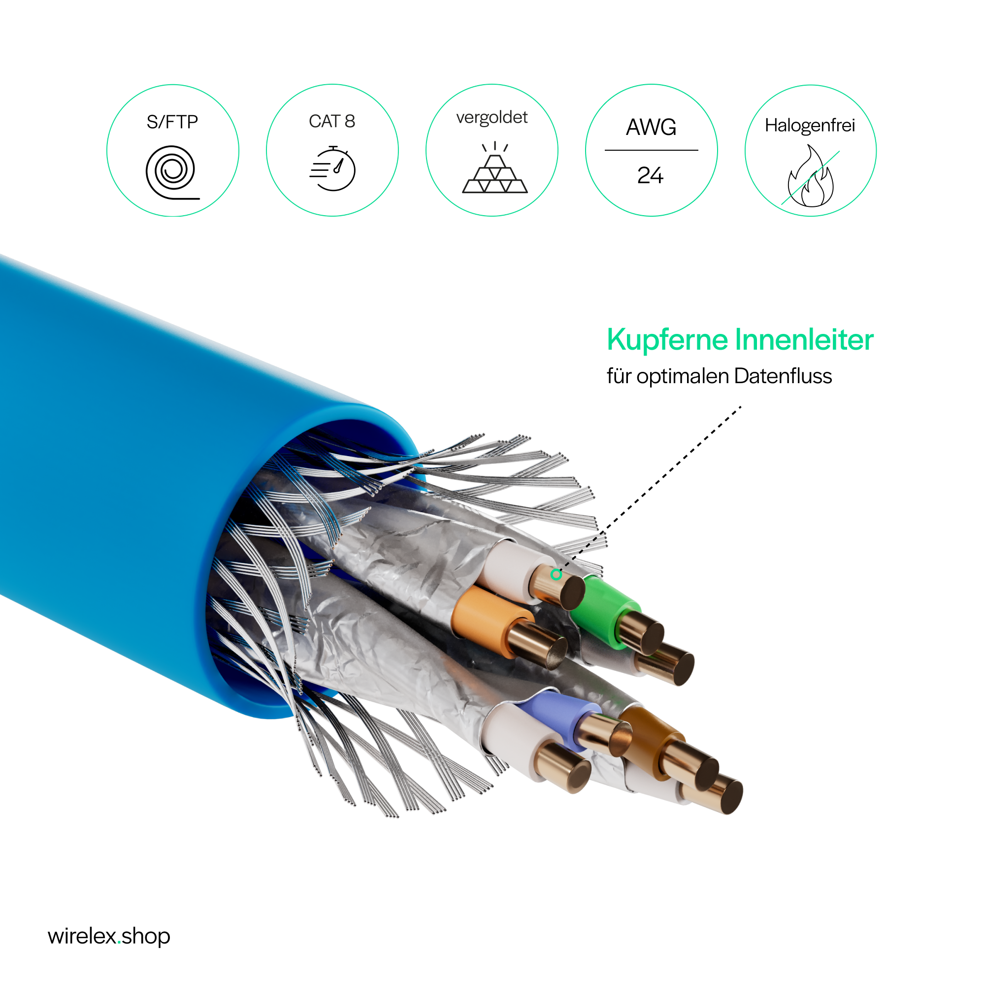 Ein blaues Kabel, aufgeschnitten, zeigt Kupferdrähte und andere interne Komponenten, mit weißem Hintergrund.