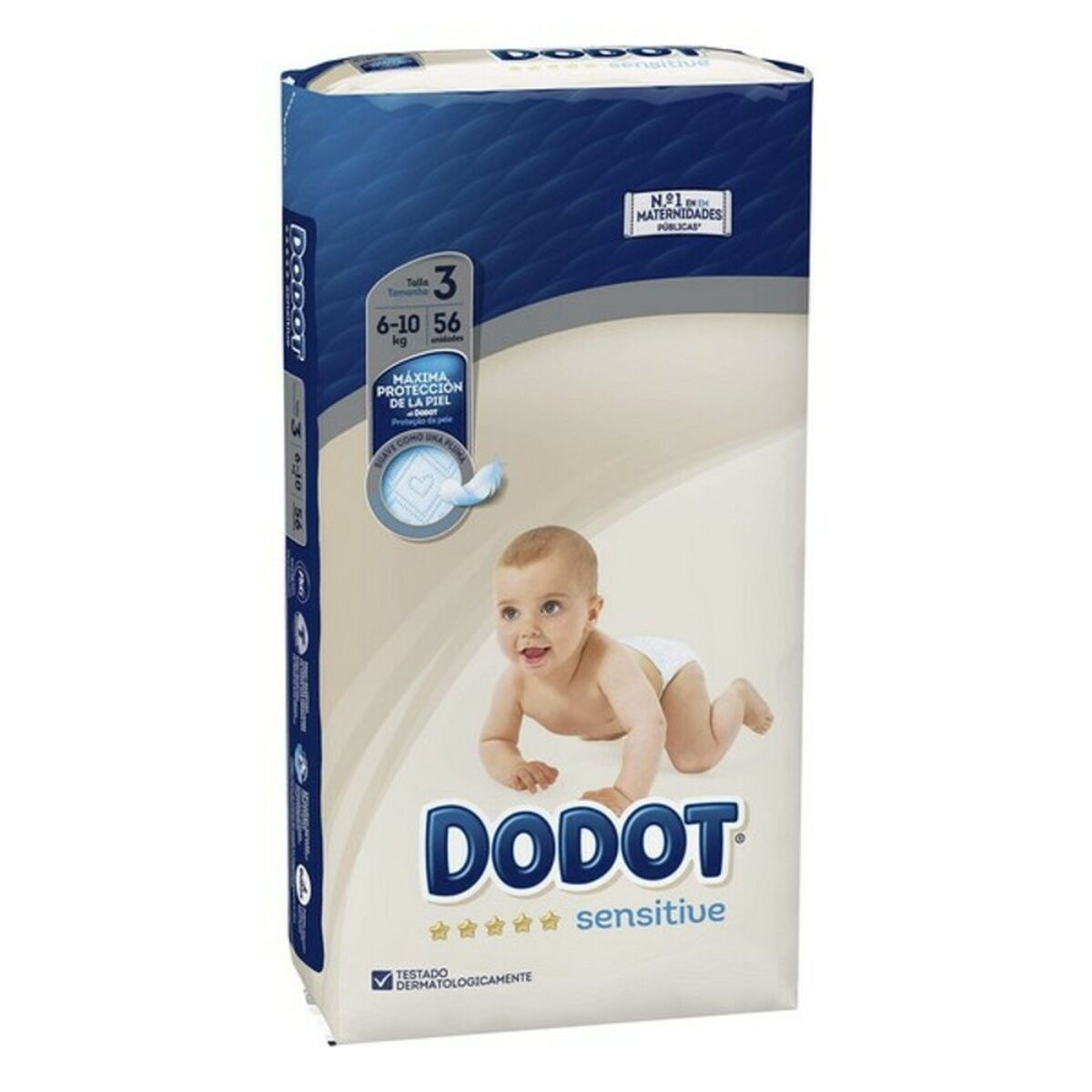 Un paquete de pañales Dodot sensitive, talla 3, con un bebé en la parte delantera.