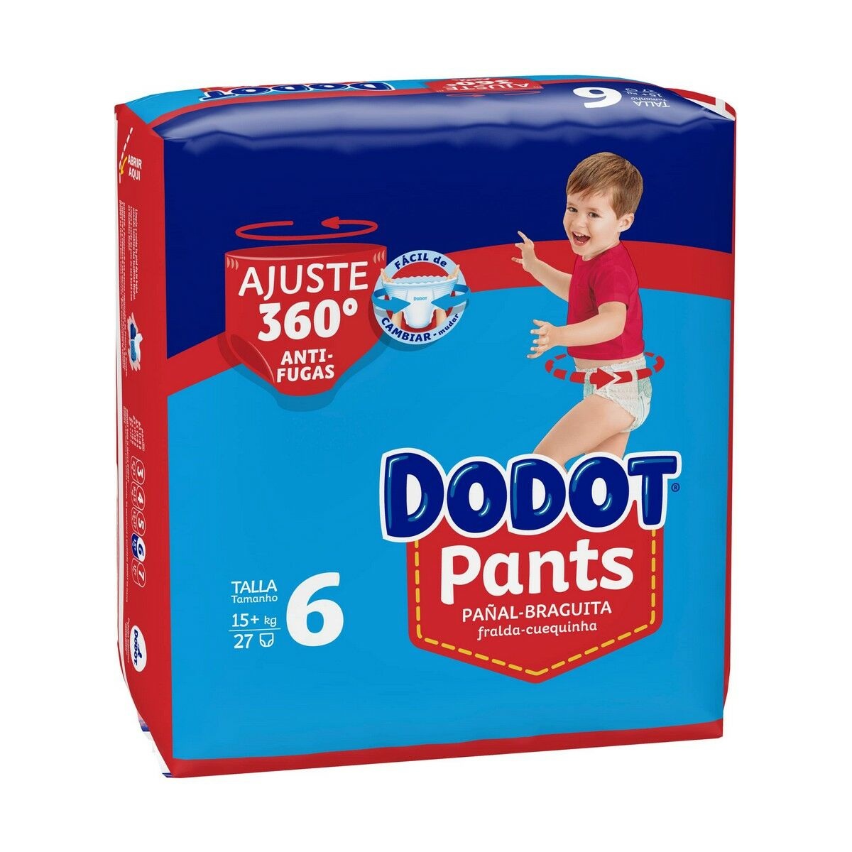 Un paquete de pañales Dodot Pants. Un niño en ropa interior está a la derecha.