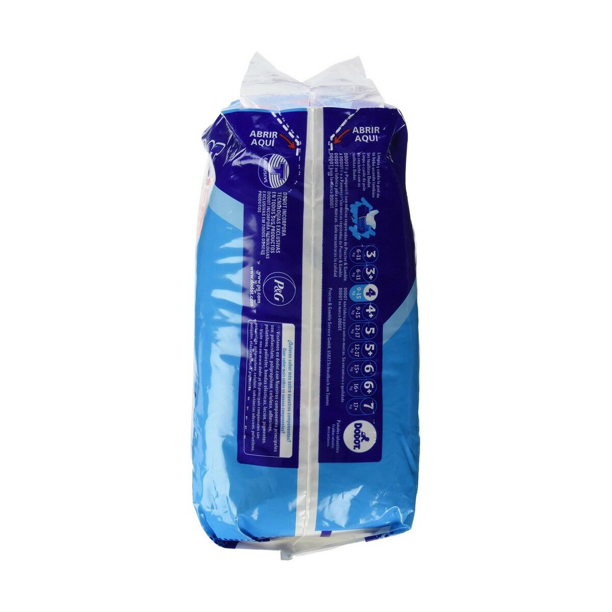 Pañales, parte trasera del paquete, con guía de tallas e información del producto.
