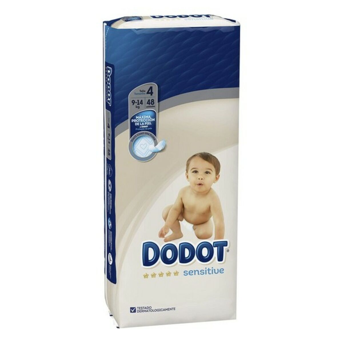 Paquete de pañales Dodot, con una imagen de bebé y el texto 'sensitive'.