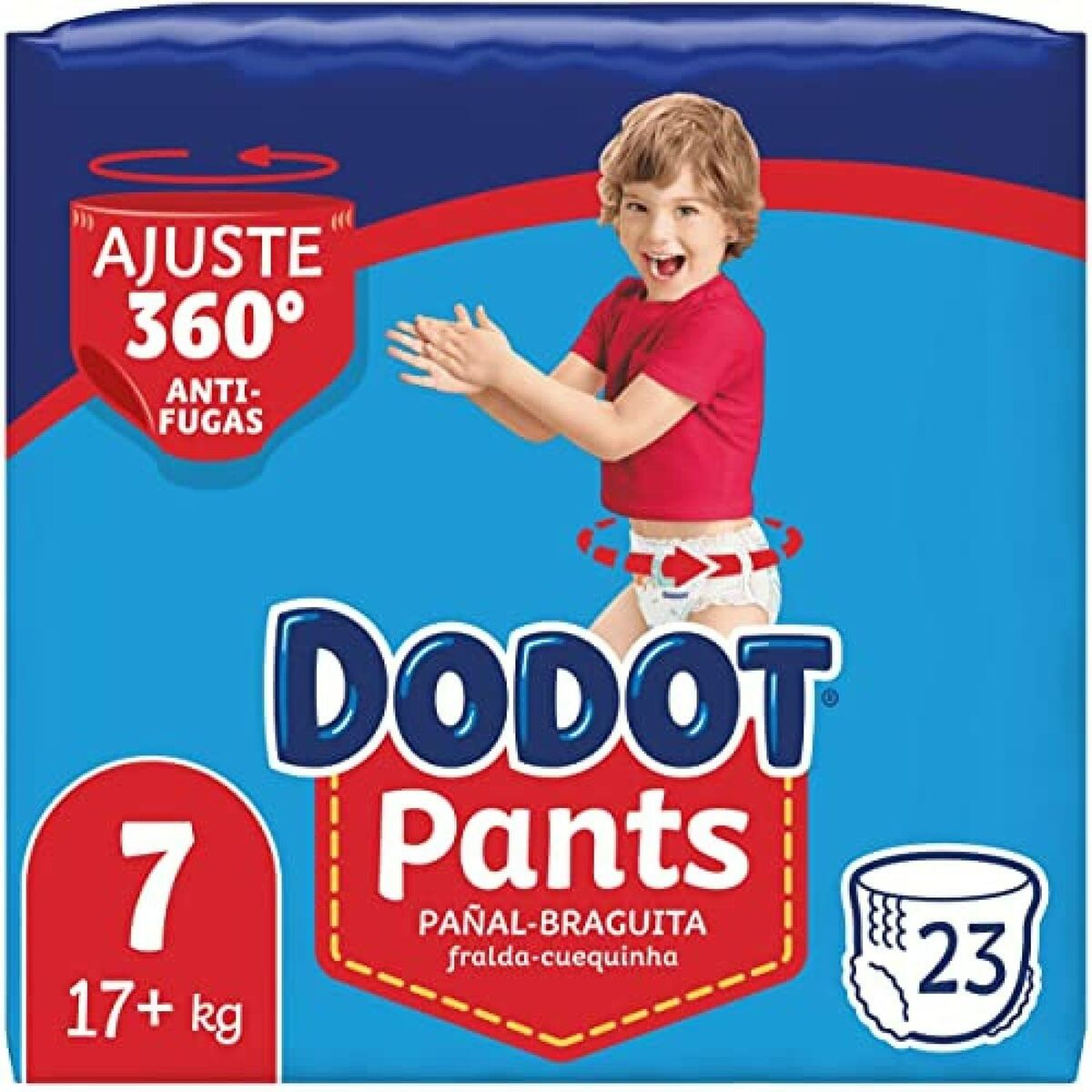 Paquete de pañales Dodot Pants, con imagen de niño e información del producto.