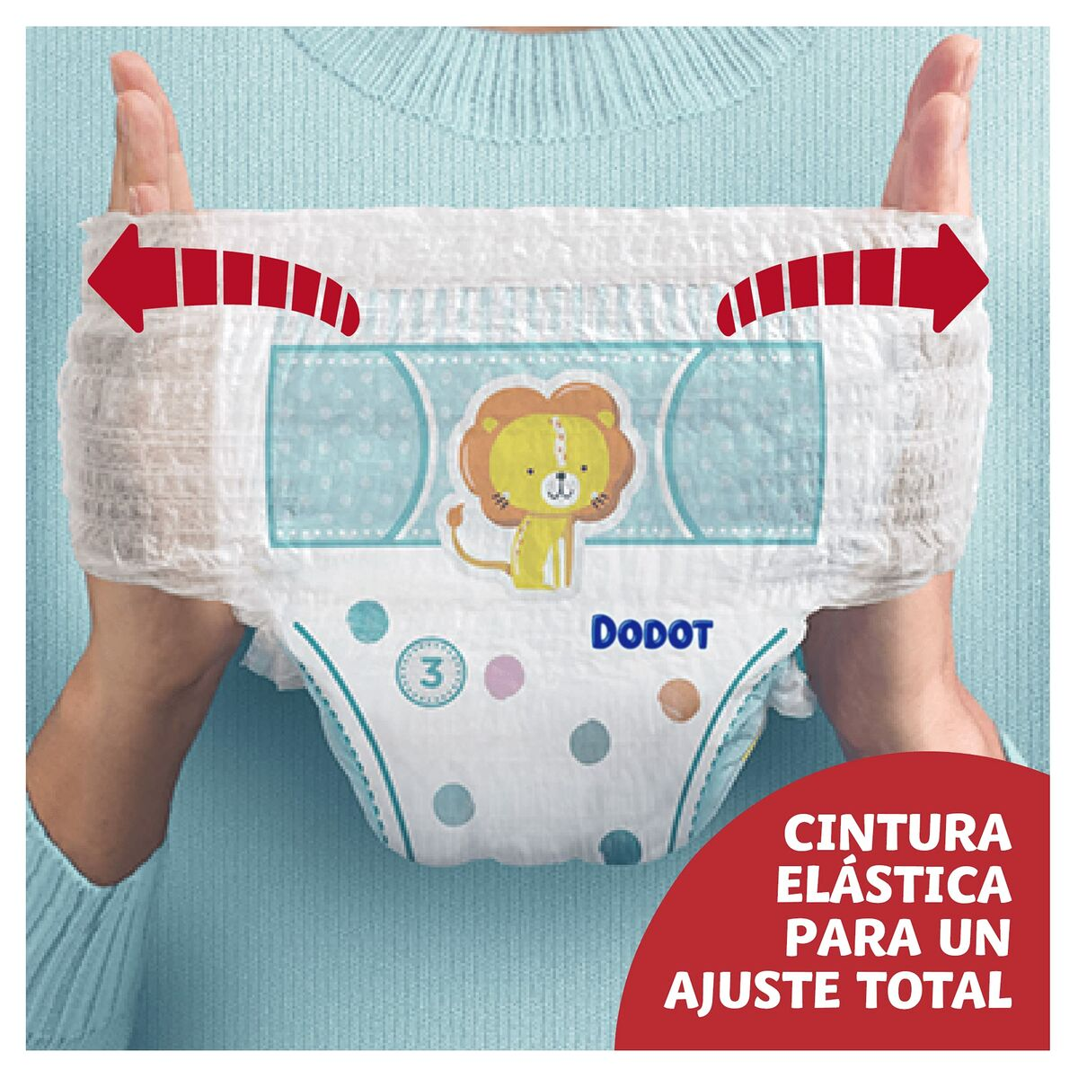 Un pañal con un gráfico de león y el texto "Cintura Elástica Para Un Ajuste Total".