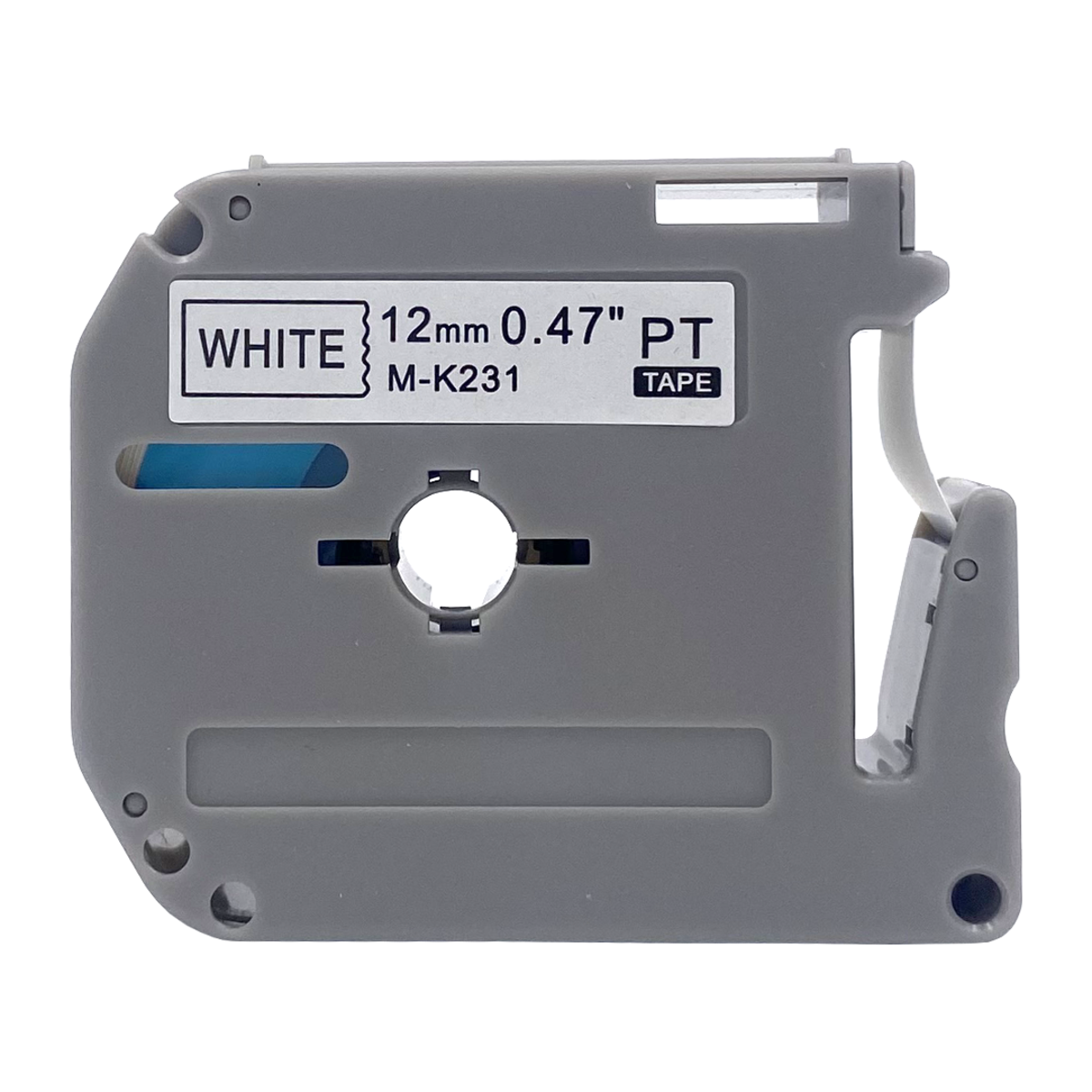 Gray label maker cartridge with white label, text says 'WHITE 12mm 0.47" PT TAPE M-K231'.