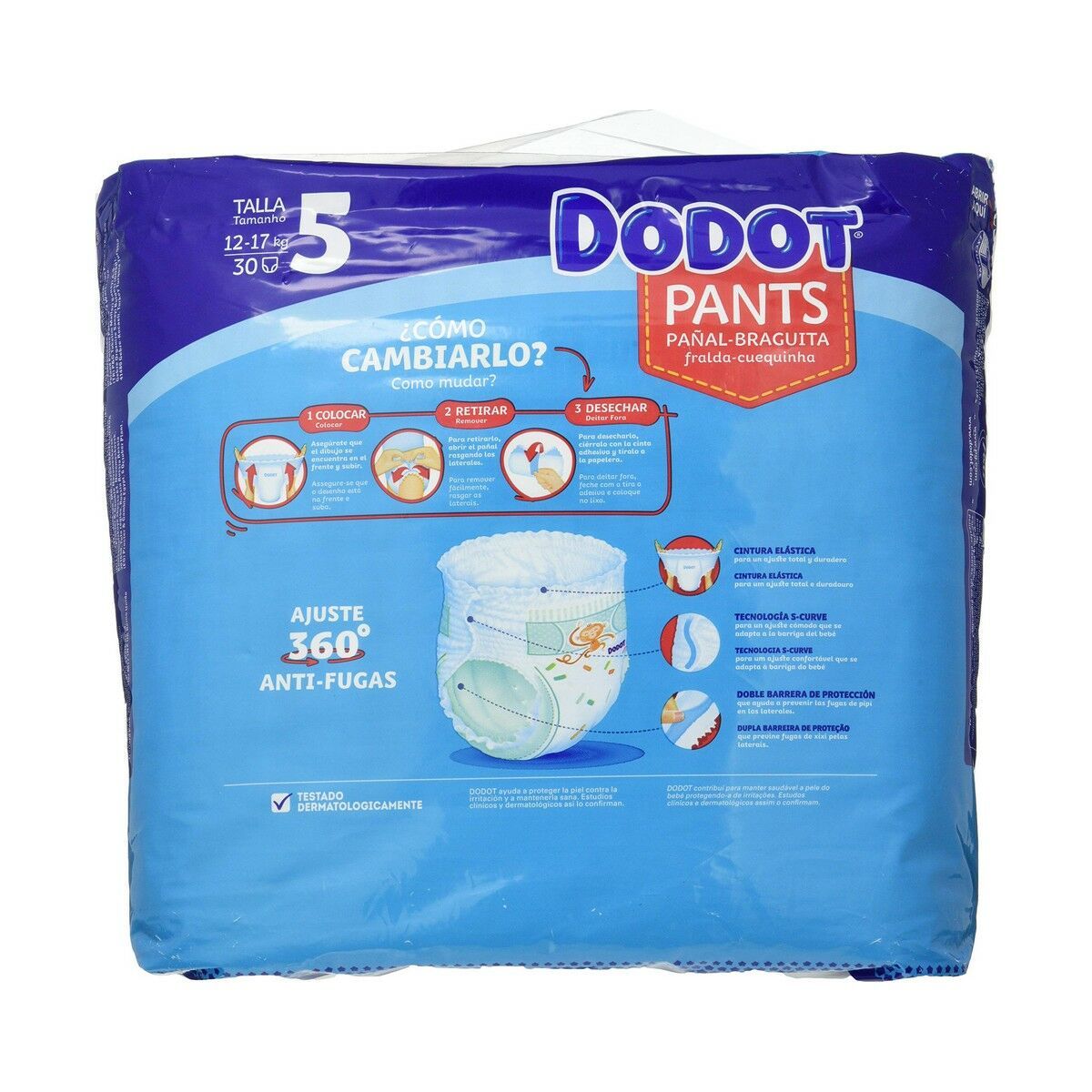 Paquete de pañales azules con instrucciones de uso. Texto: Dodot Pants.