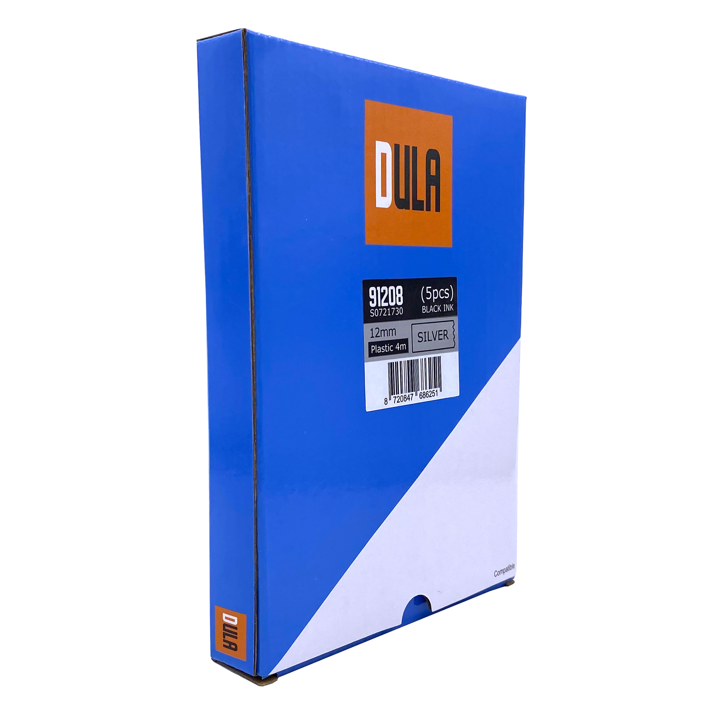 A blue box with product info. It has 'DULA' logo and '91208' label on it.