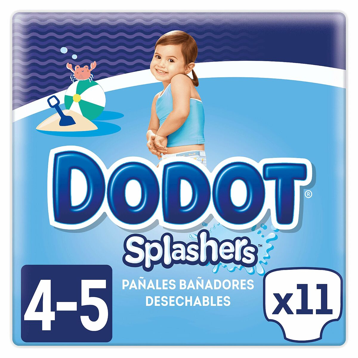 Un pacco di pannolini Dodot Splashers. Il pacco è azzurro con una bambina sorridente. Dice "4-5" e ha x11.