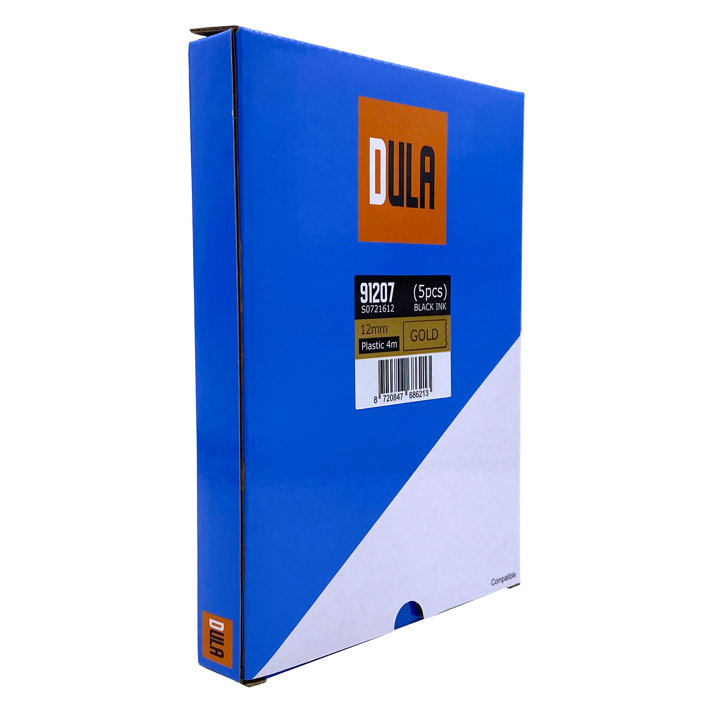 A blue label maker with a DULA logo and white text.