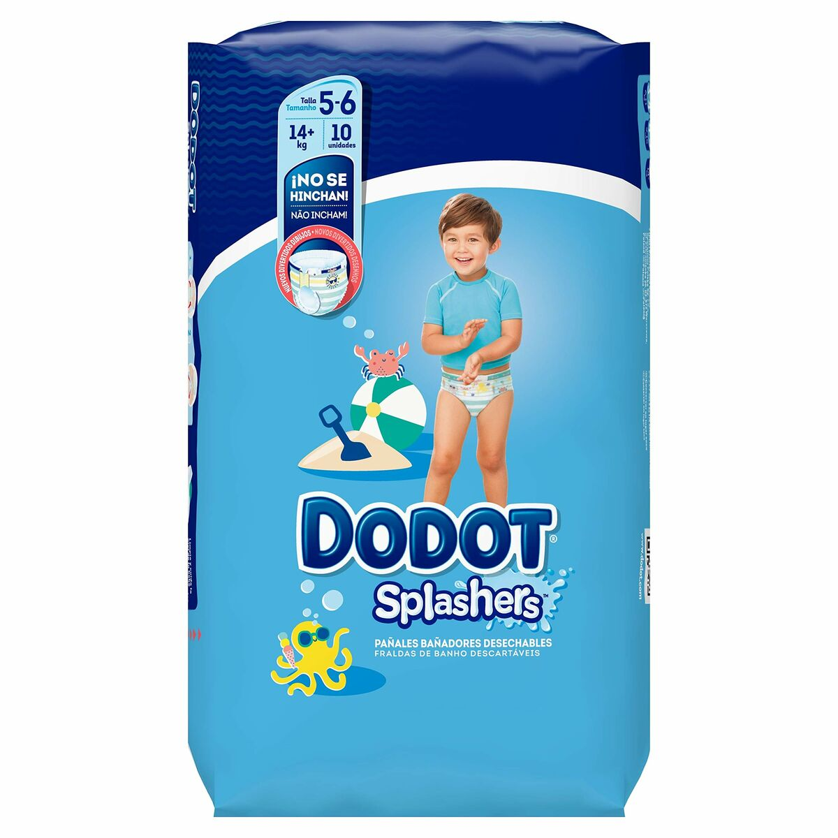 Una borsa per pannolini con un bambino in costume da bagno e un'illustrazione di una scena sulla spiaggia.