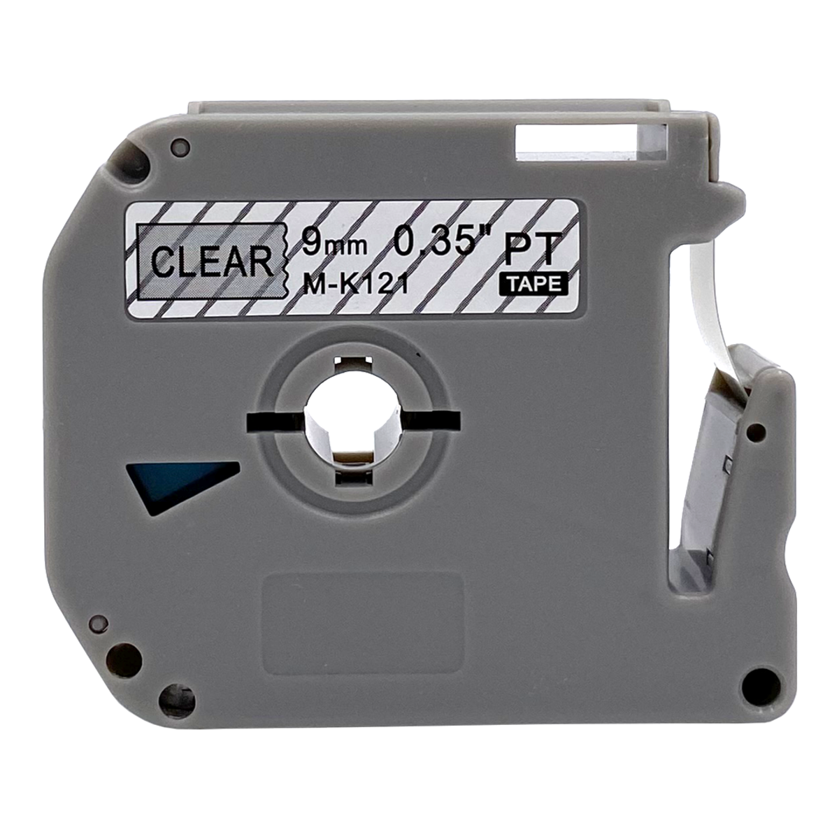 Multiple label tapes, dark blue, labeled 1/2"x13" and 12mmx4m, silver plastic.