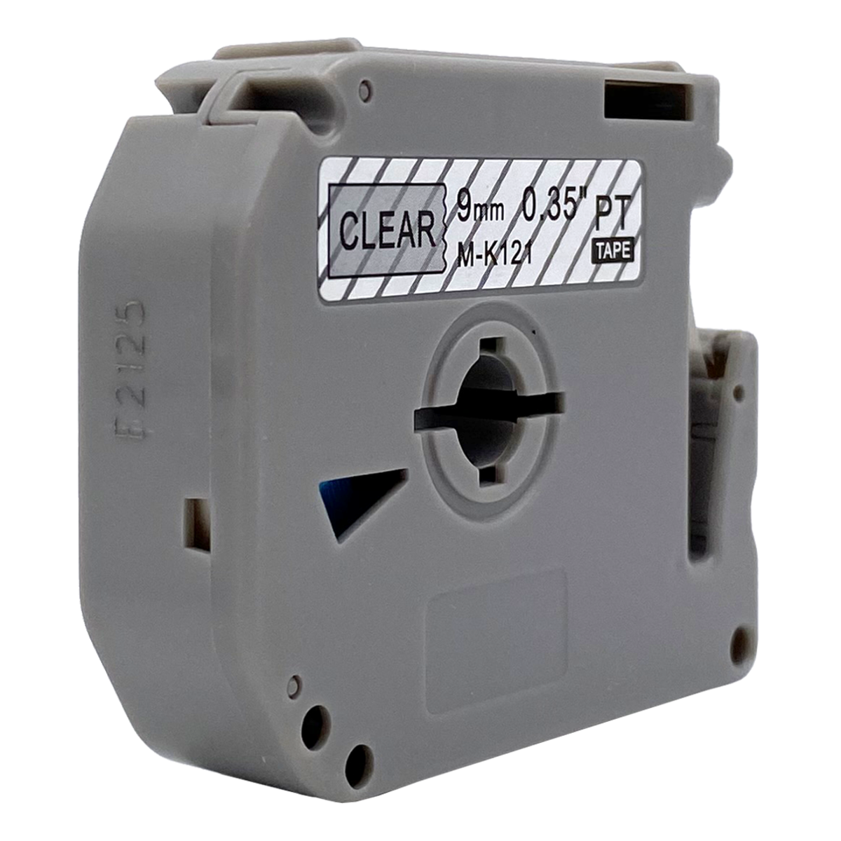 Een grijze labelprinter tape cartridge met witte, transparante labels.