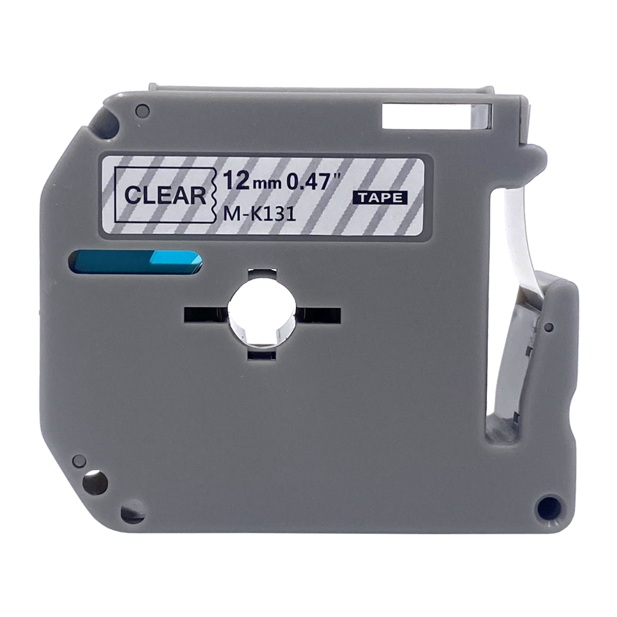 Een labelmaker met een doorzichtig label. Er staat 'CLEAR 12mm 0.47' PT M-K131 TAPE' op.