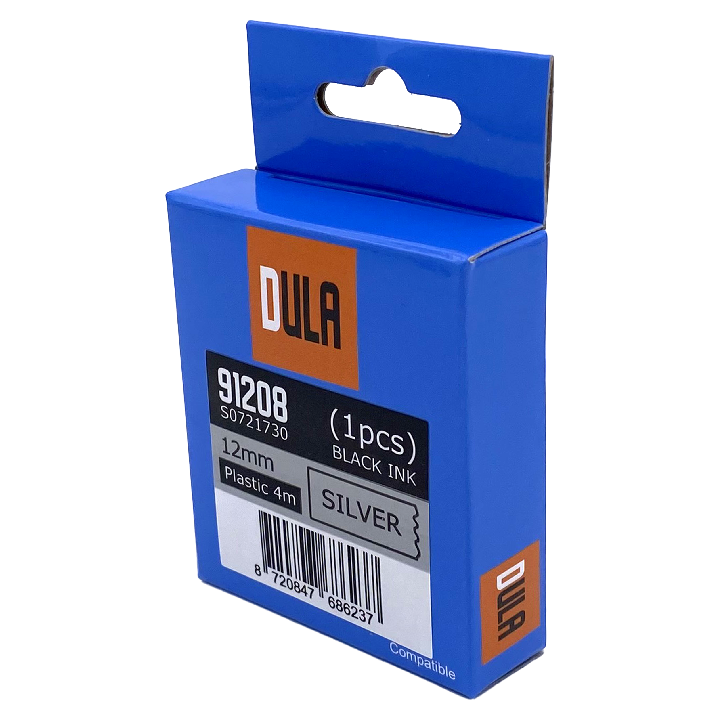 A blue box with DULA branding, holding a label tape cartridge, black ink, silver text.