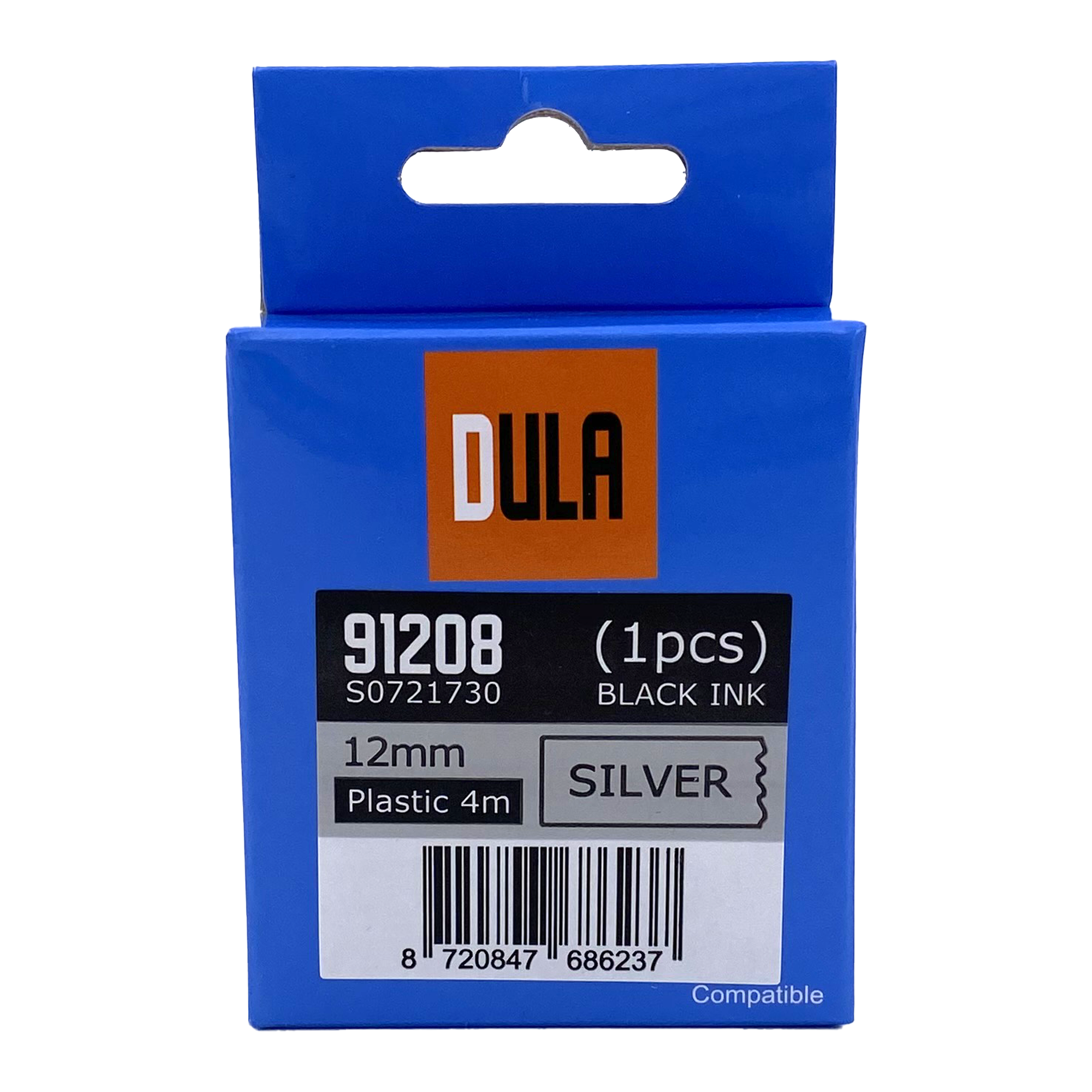 A blue box with a white and orange label with black text. White background.