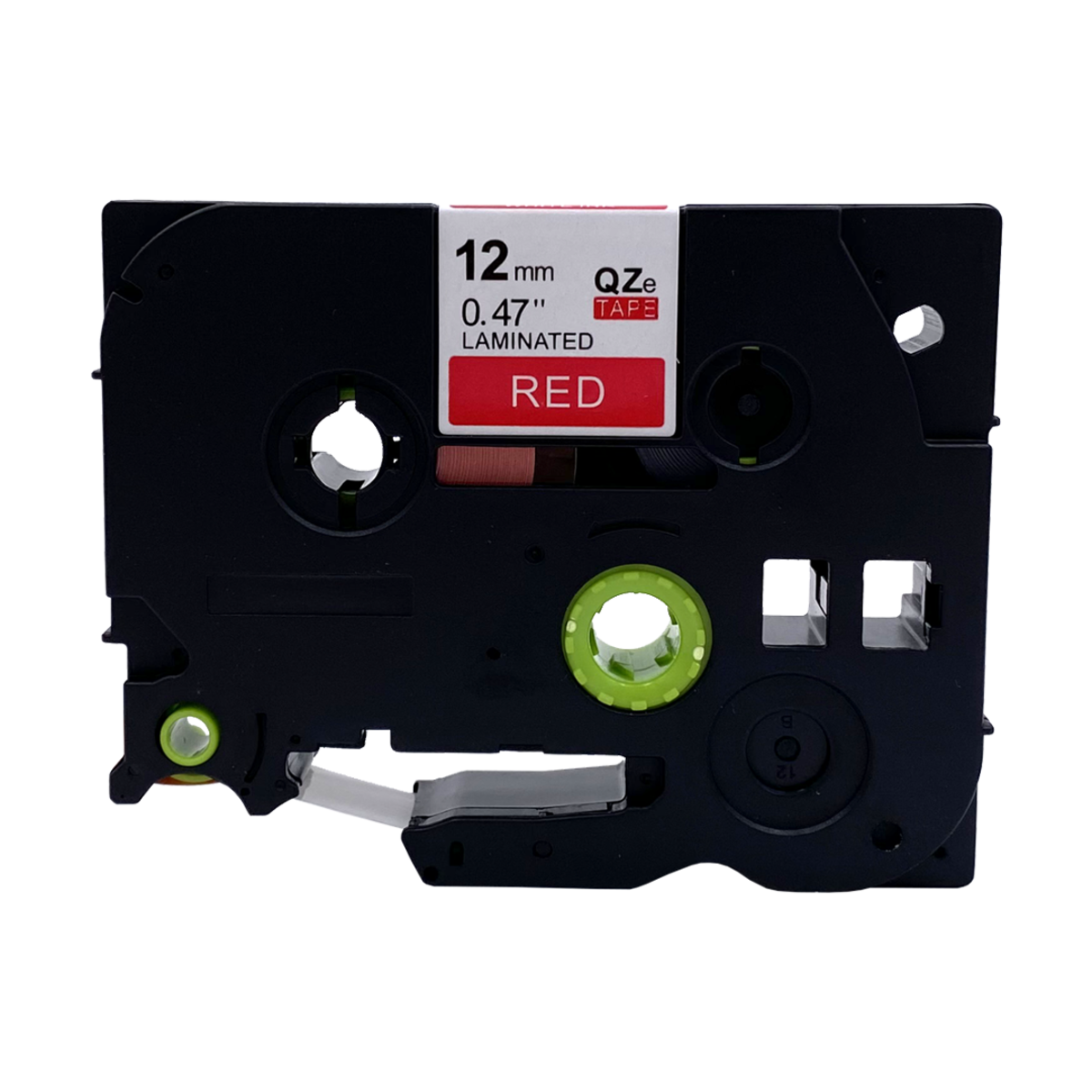 Een zwarte labelprintercartridge met een rood label met de tekst ROOD.