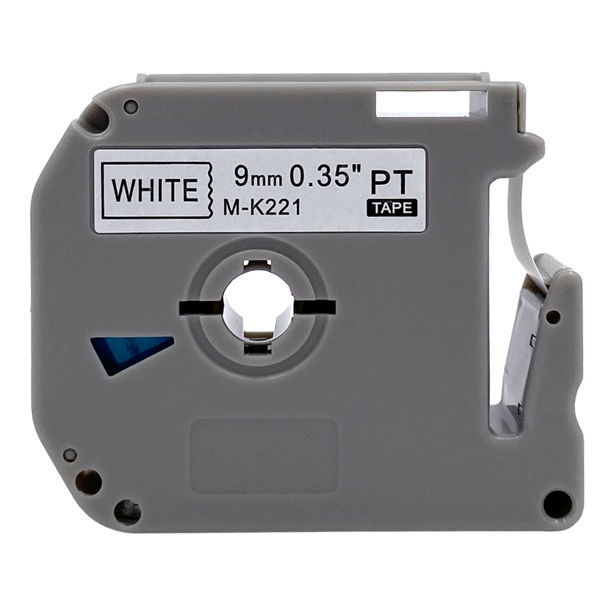 Een labelmaker cartridge in grijs met witte tekst.