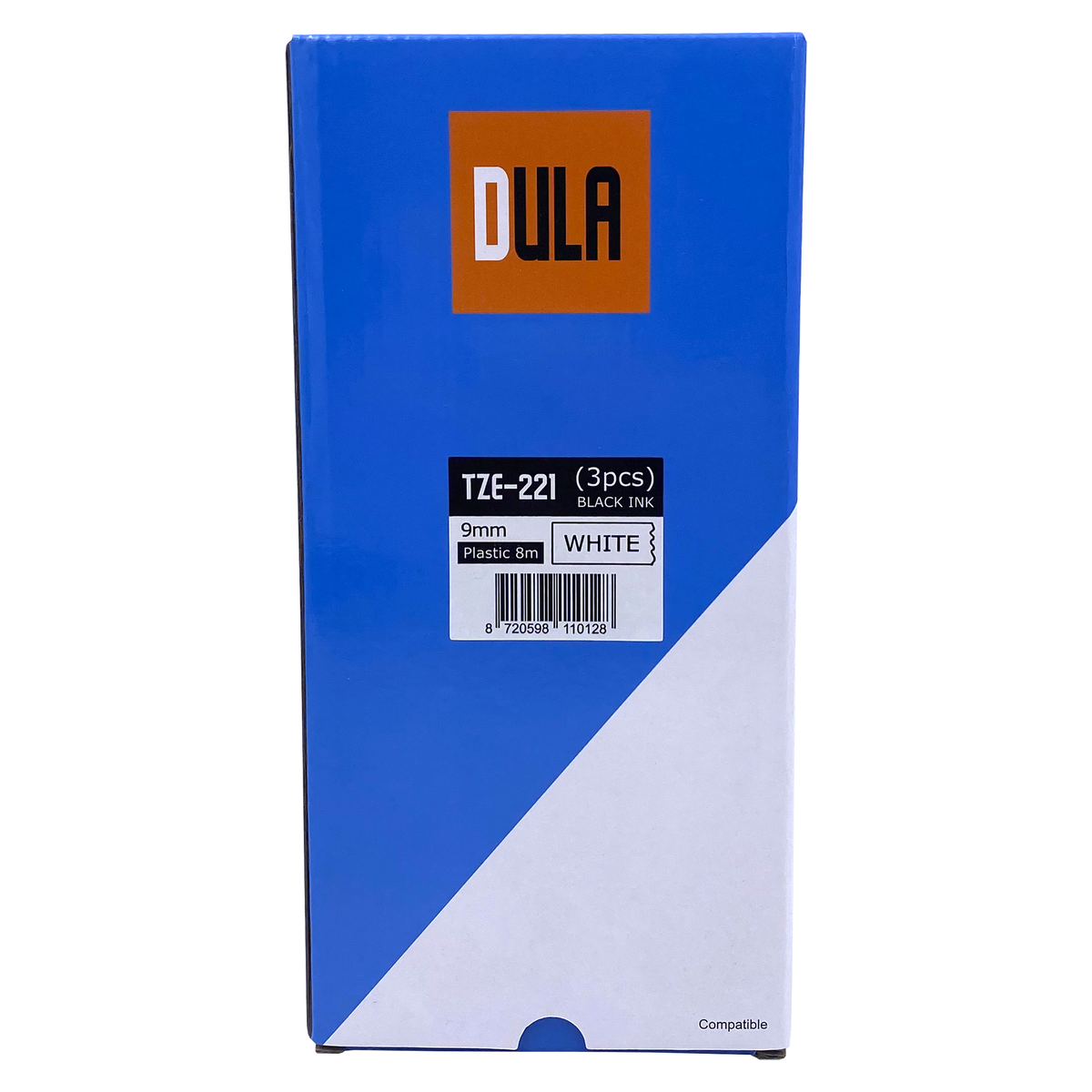 A blue box with a label that says 'TZe-221 (3pcs) BLACK INK WHITE 9mm Plastic 8m'.
