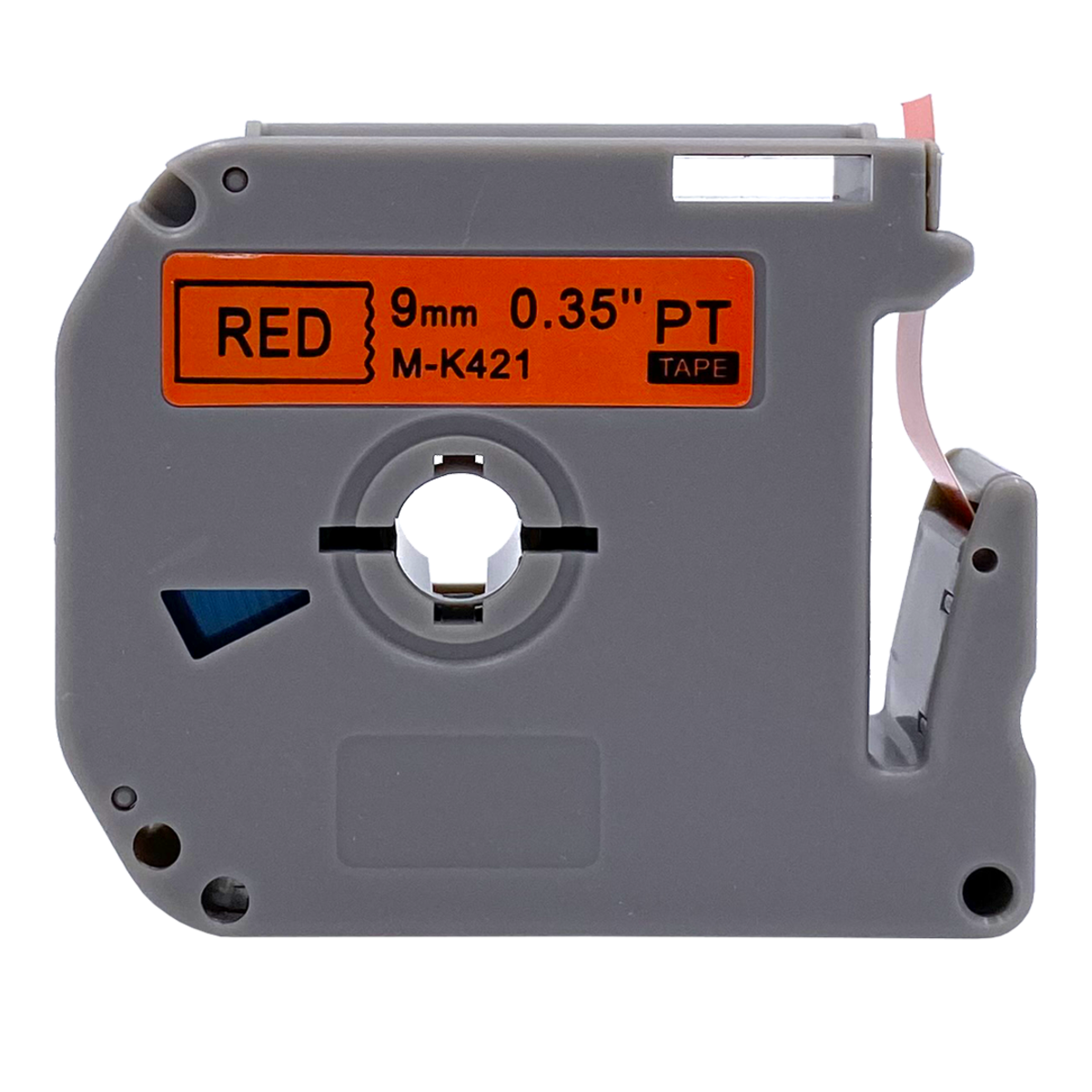 Grijze labelmaker cartridge met rood label, tekst: 'RED 9mm 0.35" PT TAPE M-K421'.