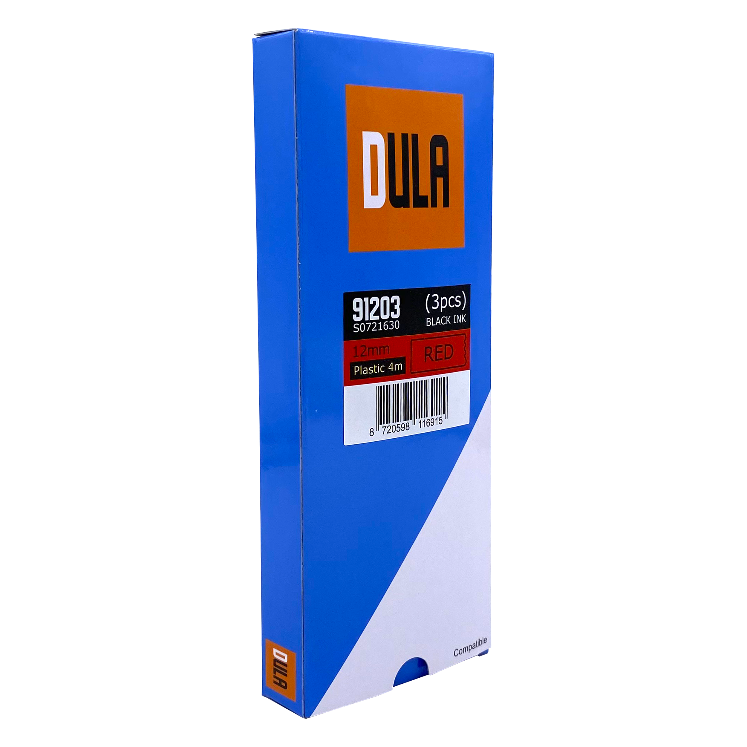 A blue box with a DULA logo and red label tape for a label maker.