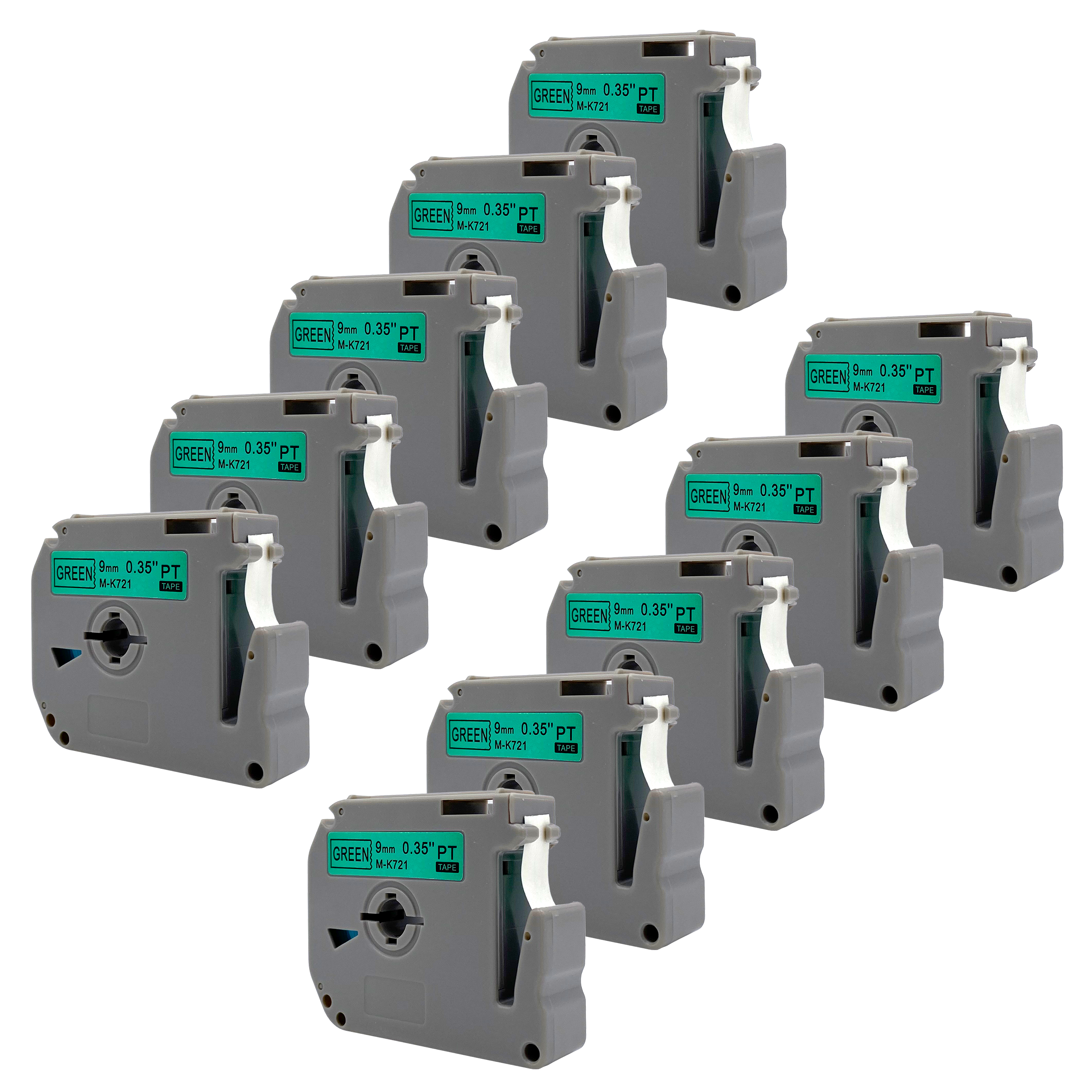 Negen groene labelprinter tape cartridges.
