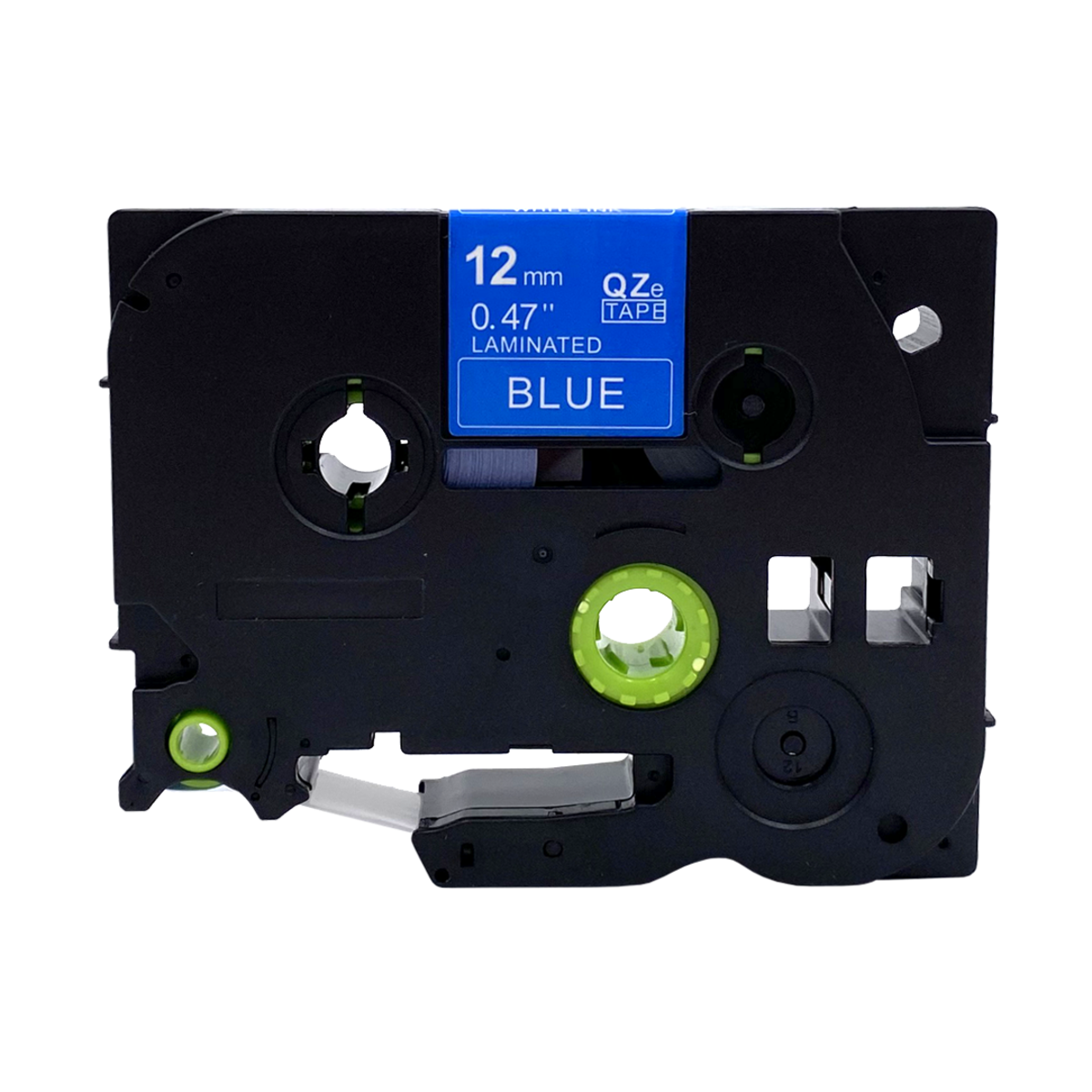 Zwarte labeltape met blauw label. Tekst: '12mm 0.47" LAMINATED BLUE'. Groene en witte details.